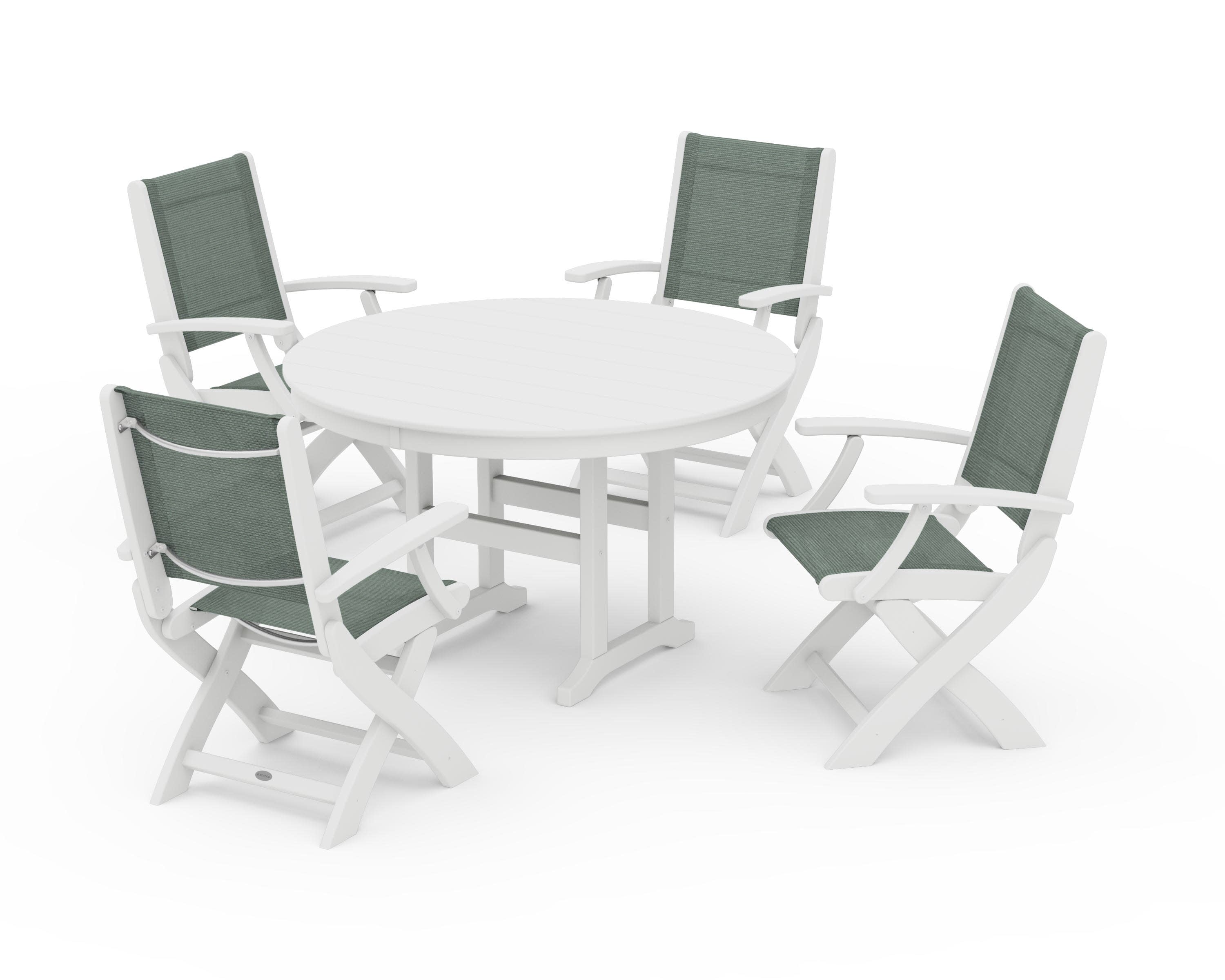 Coastal Folding Chair 5-Piece Round Dining Set in White / Dupioni Sea Mist Sling