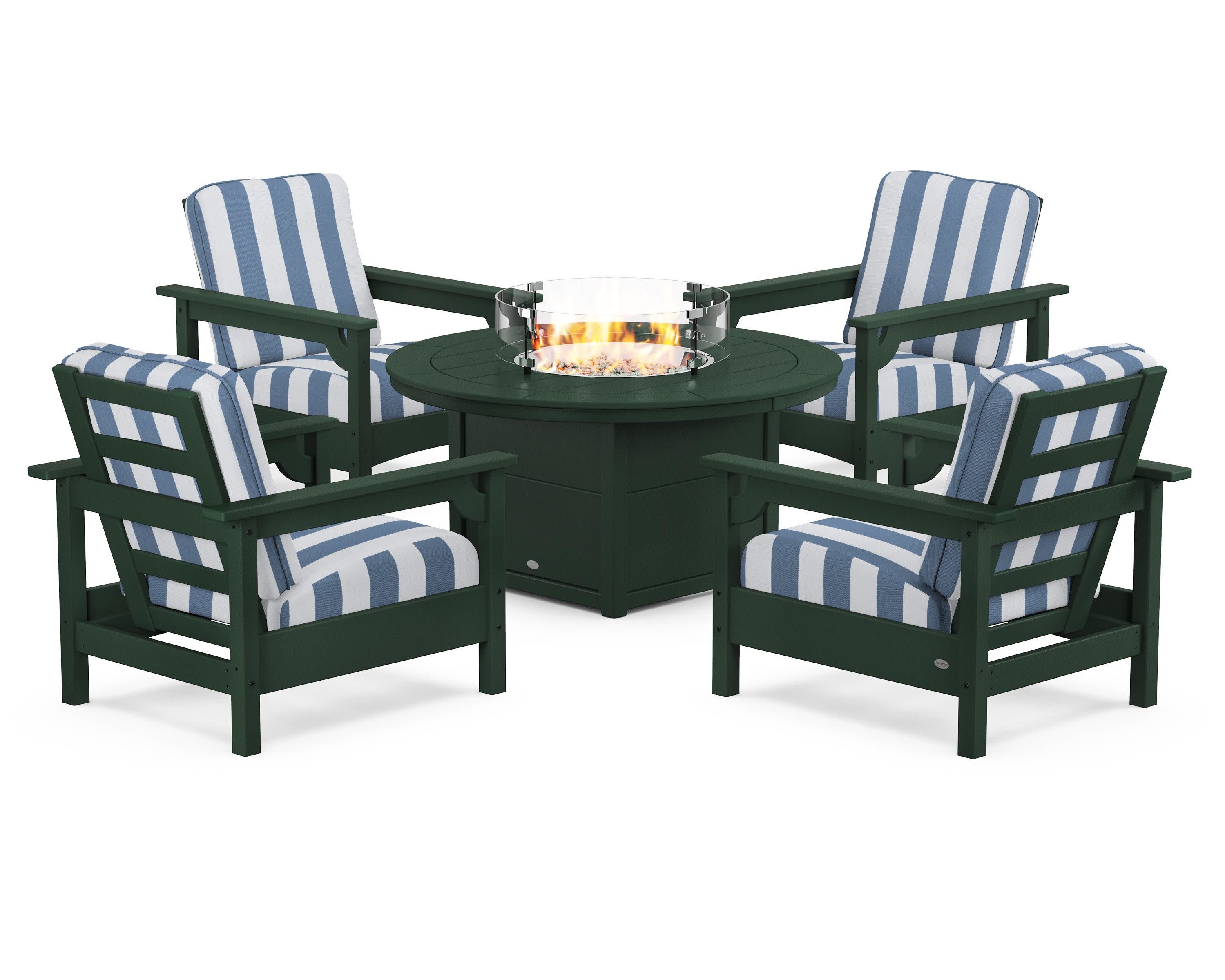 Club 5-Piece Conversation Set with Fire Pit Table in Green / Cabana Stripe Sky Blue