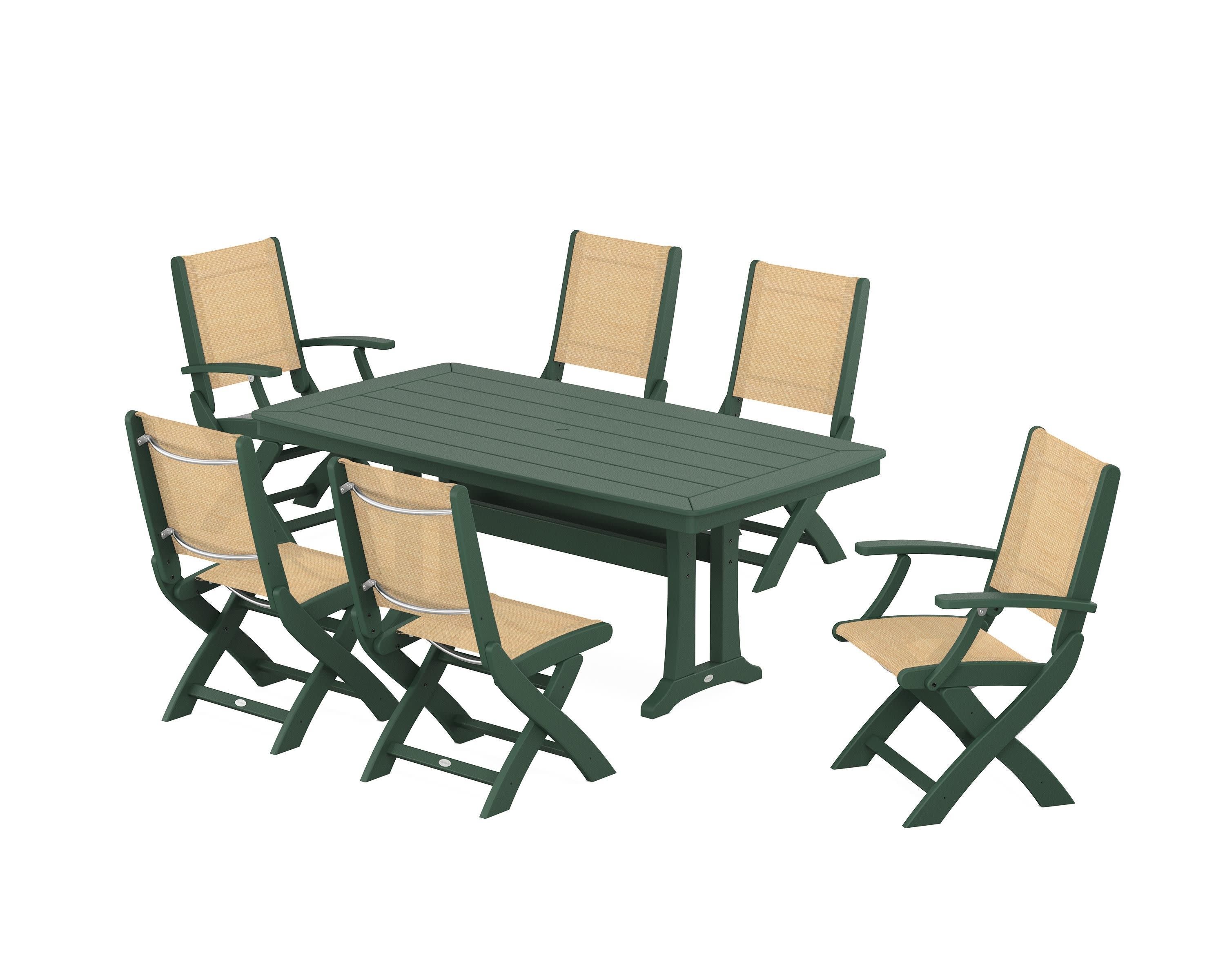 Coastal Folding Chair 7-Piece Dining Set with Trestle Legs in Green / Dupioni Apricot Sling