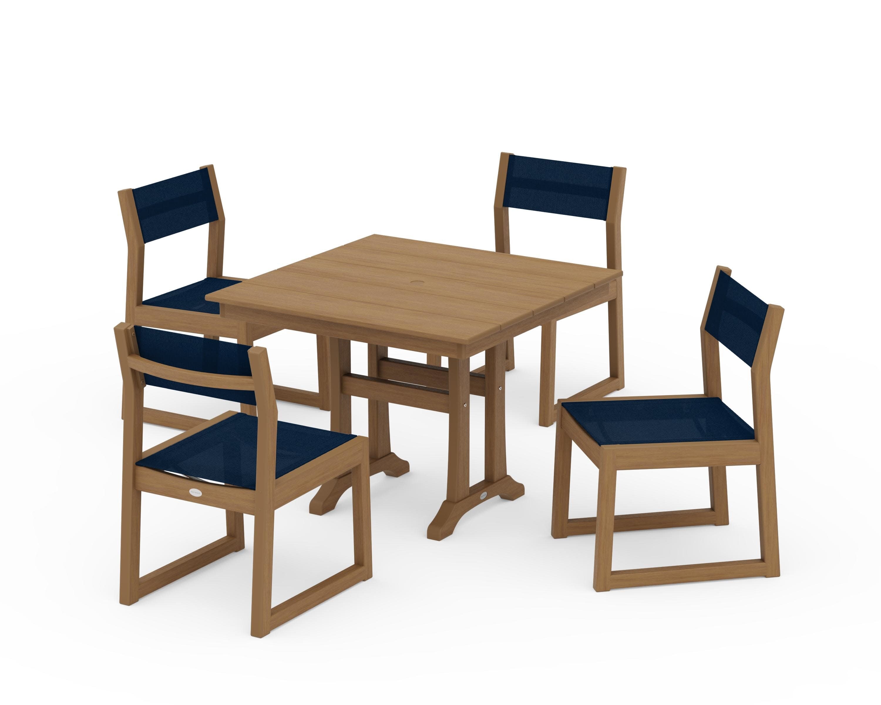 EDGE Sling 5-Piece Farmhouse Trestle Side Chair Dining Set in Natural / Navy Blue Sling
