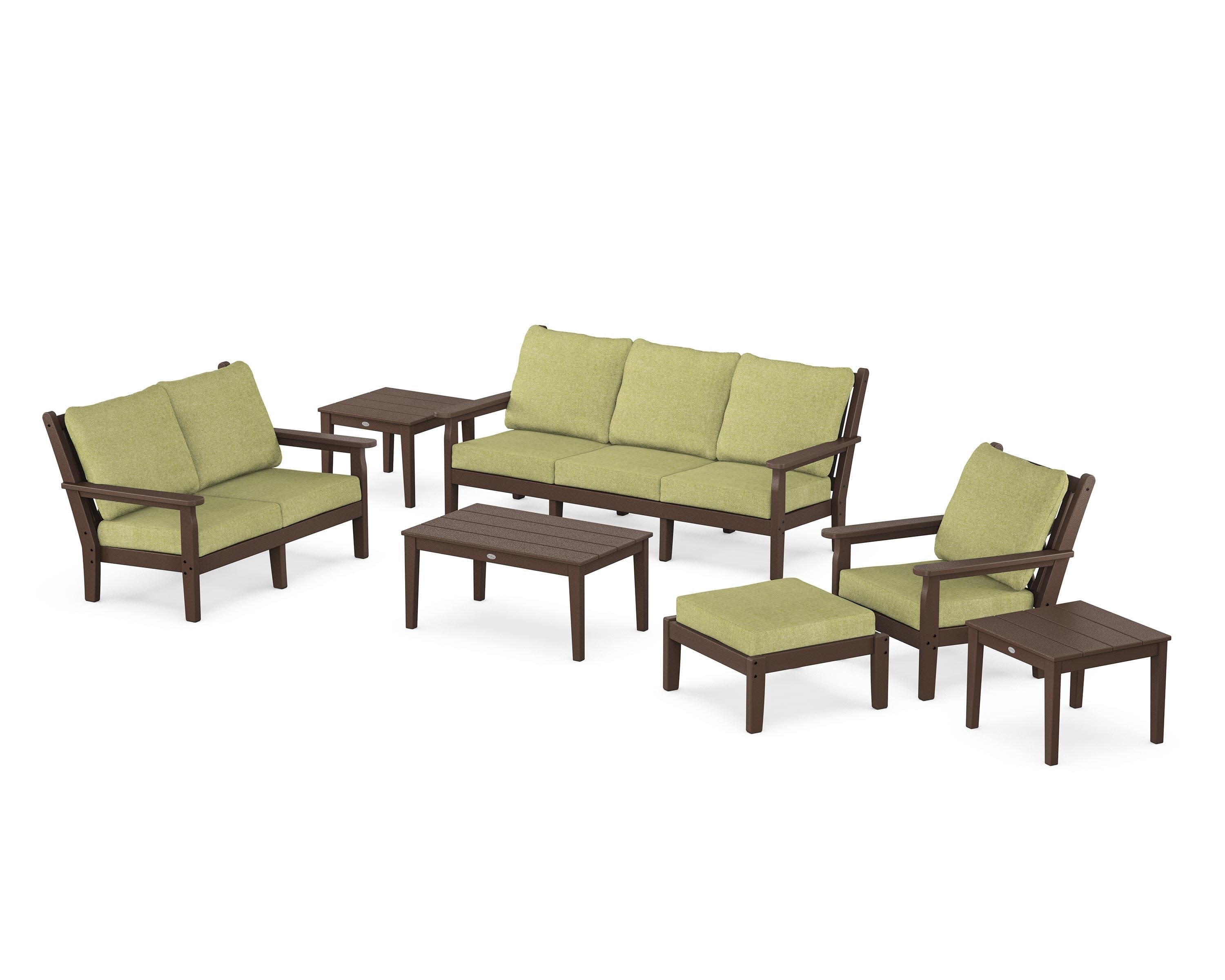 Chippendale 7-Piece Deep Seating Set in Mahogany / Chartreuse Boucle