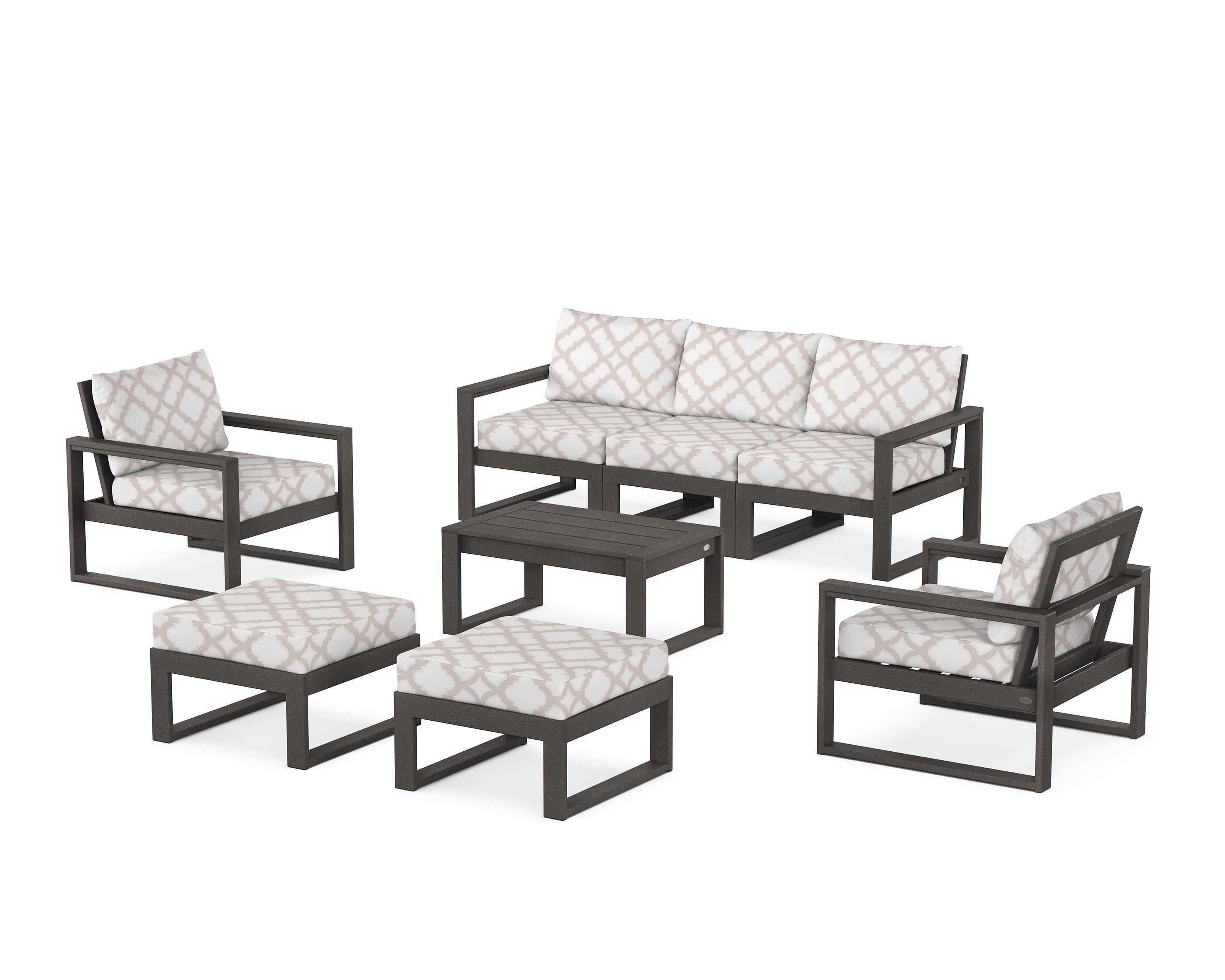 EDGE Sectional 8-Piece Lounge Sofa Set in Vintage Coffee / Trellis Dune Burlap
