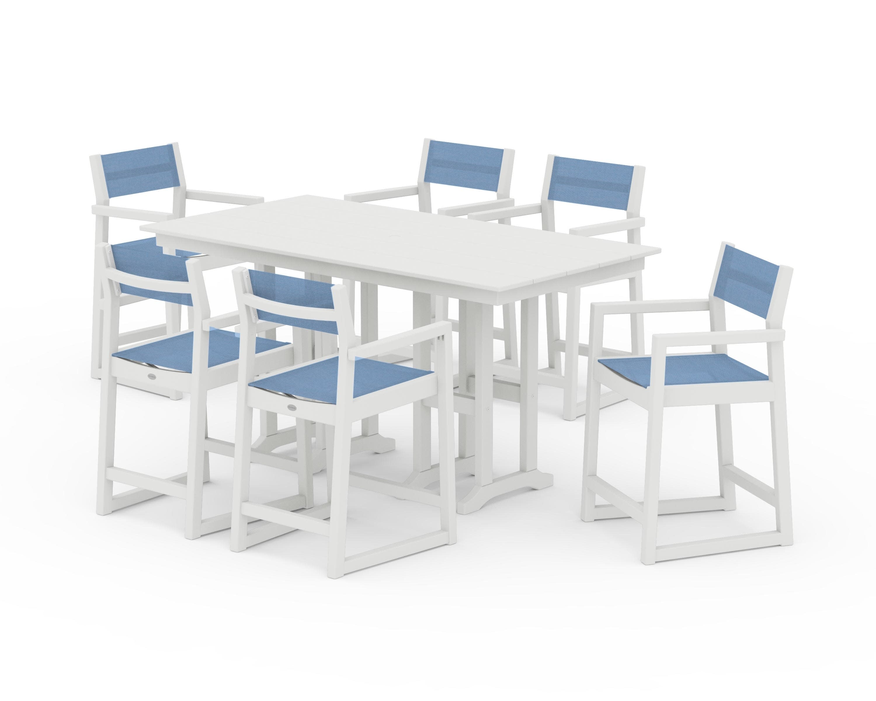 EDGE Sling Arm Chair 7-Piece Farmhouse Counter Set in Vintage White / Poolside Sling
