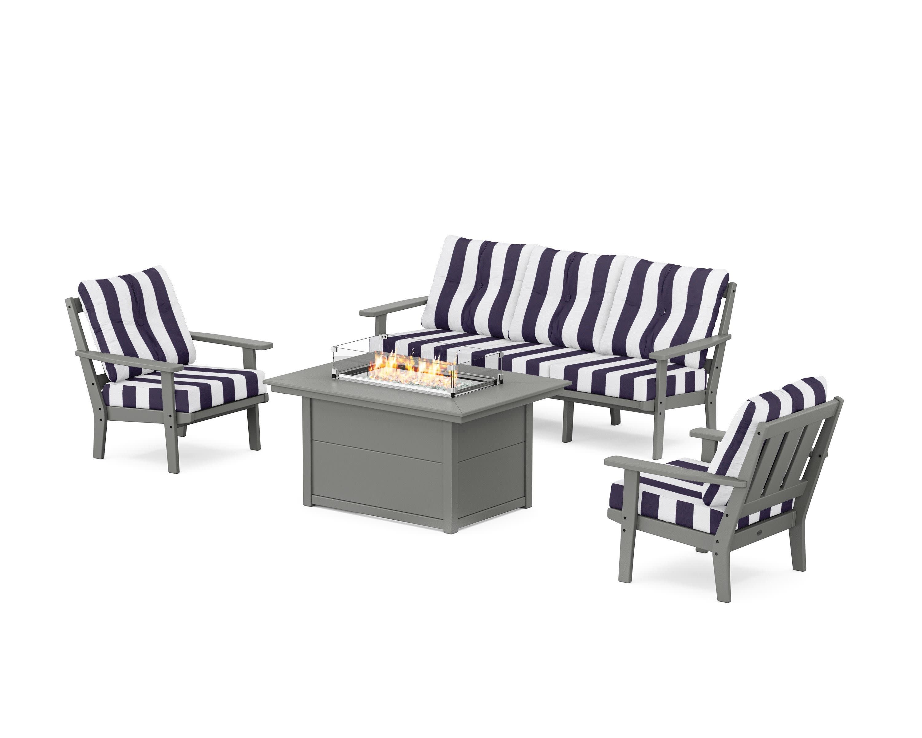 Oxford Deep Seating Fire Pit Table Set in Slate Grey / Cabana Stripe Navy