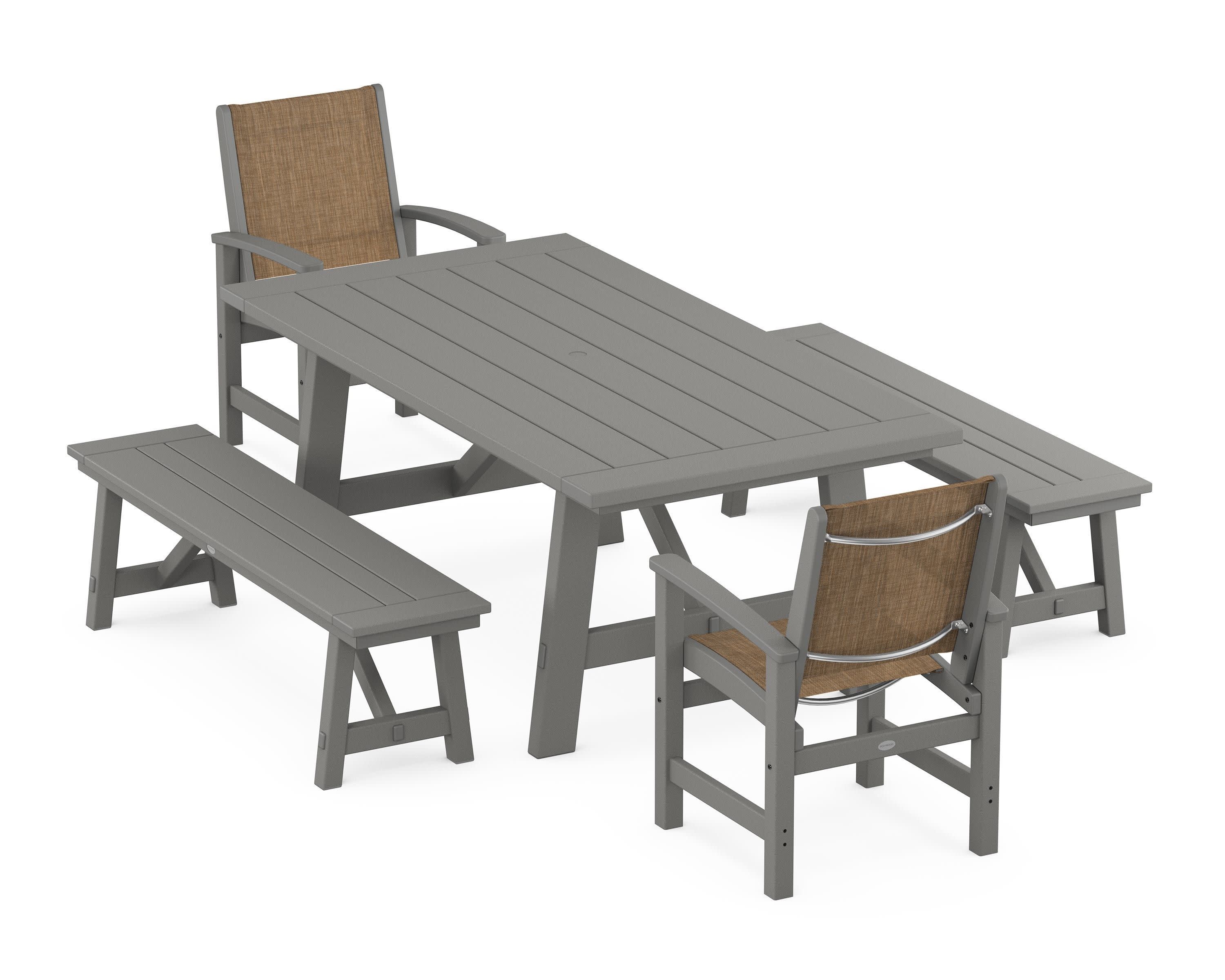 Coastal 5-Piece Rustic Farmhouse Dining Set With Benches in Slate Grey / Burlap Sling