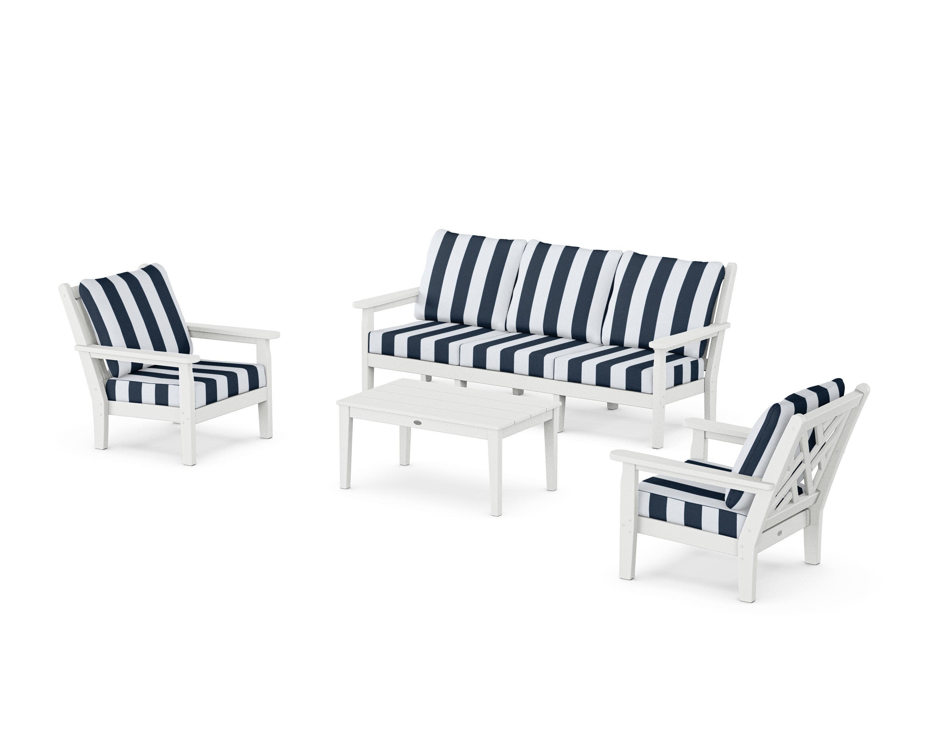 Chippendale 4-Piece Deep Seating Set with Sofa in White / Cabana Stripe Marine Indigo