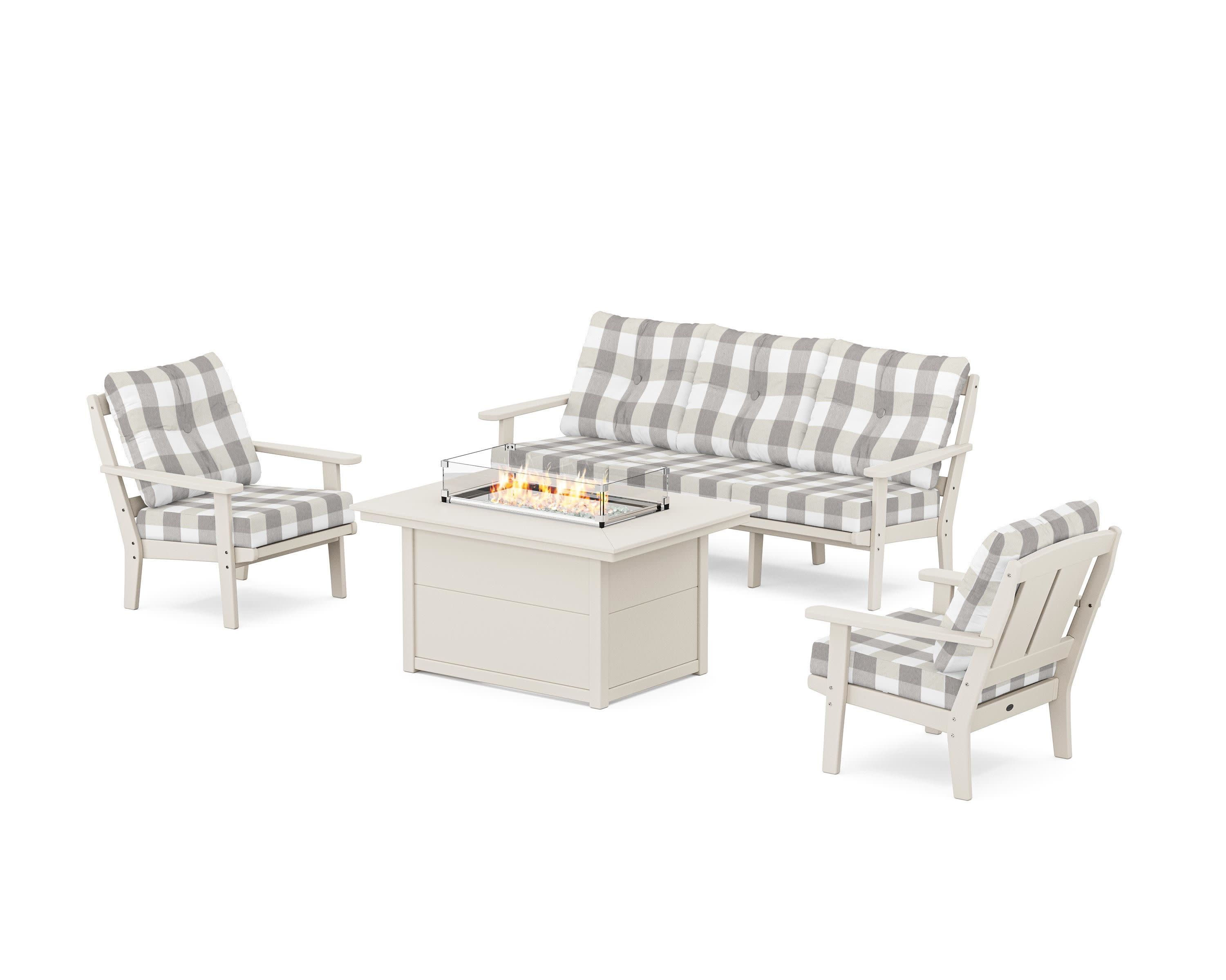 Mission Deep Seating Fire Pit Table Set in Sand / Buffalo Plaid Grey Mist