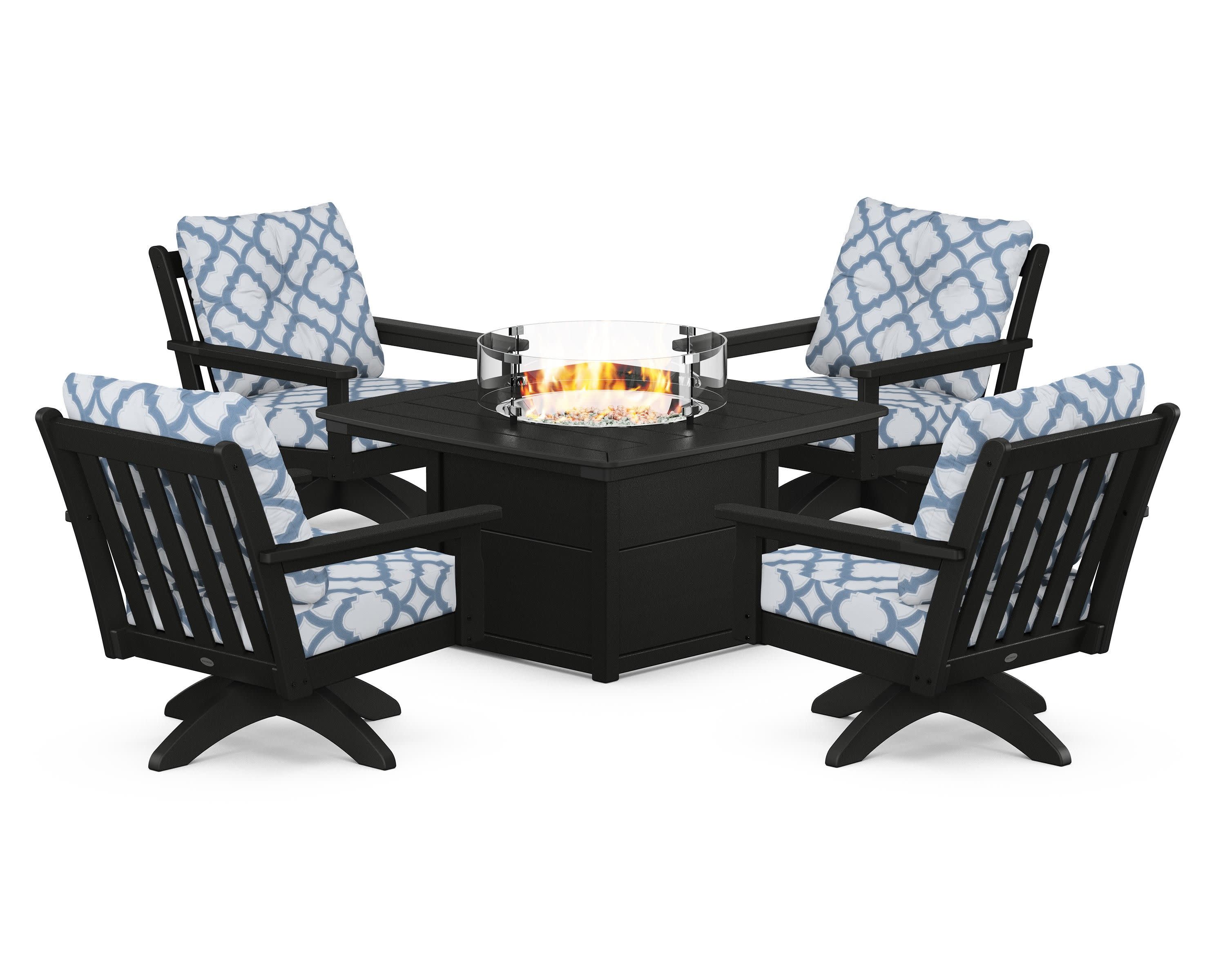 Vineyard 5-Piece Deep Seating Swivel Conversation Set with Fire Pit Table in Black / Trellis Sky Blue