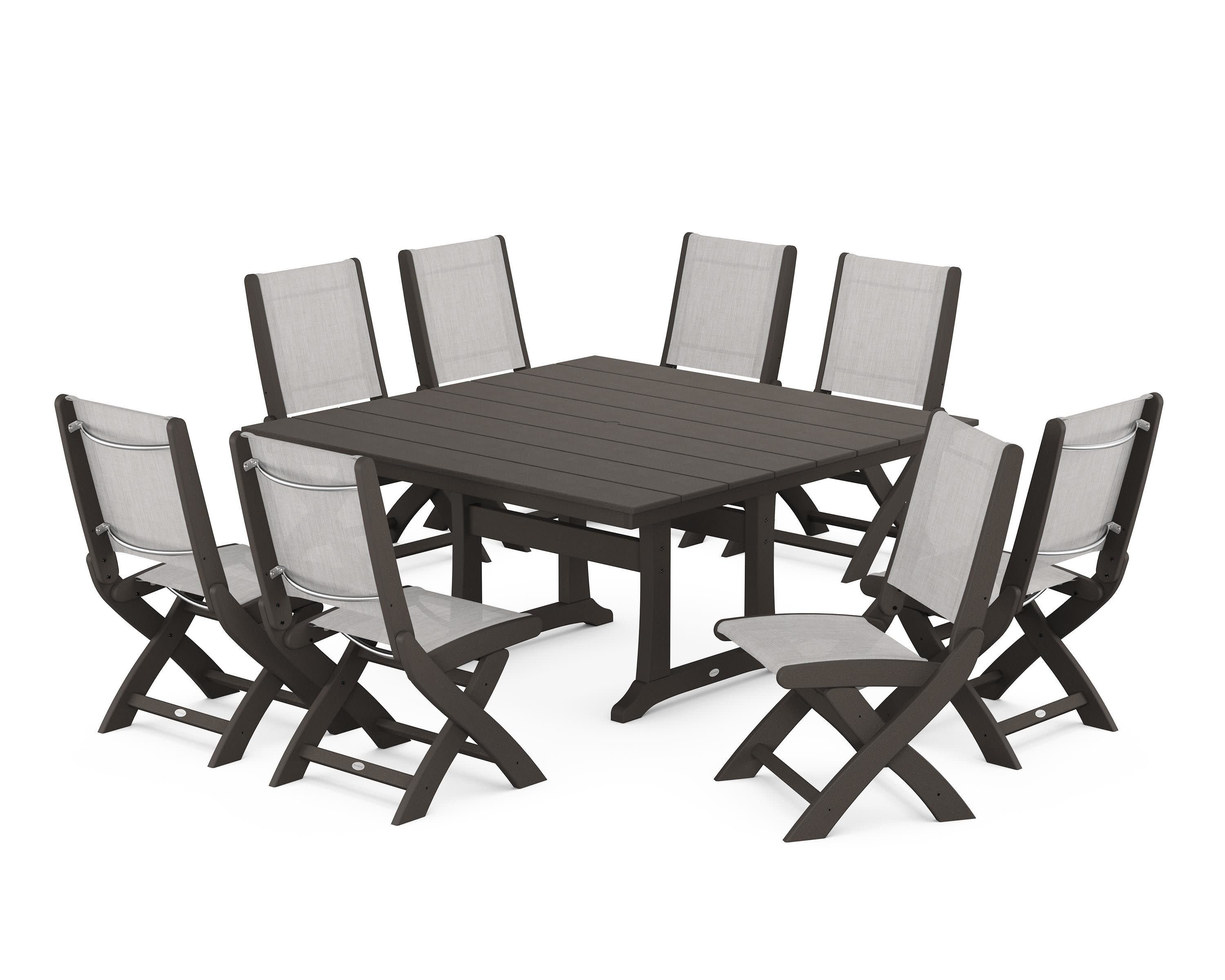 Coastal Folding Side Chair 9-Piece Farmhouse Dining Set in Vintage Coffee / Parchment Sling
