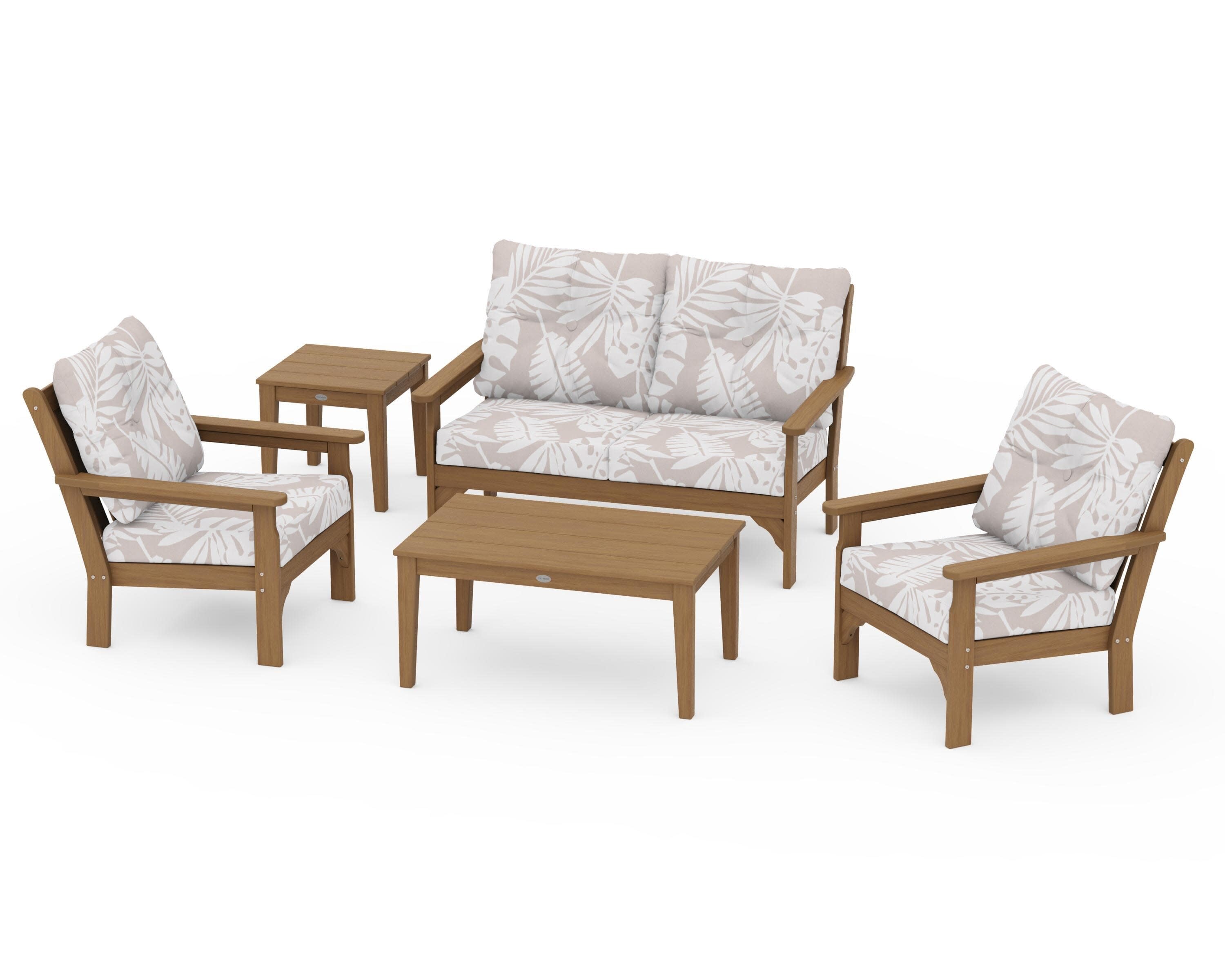 Vineyard 5-Piece Deep Seating Set in Natural / Leaf Dune Burlap