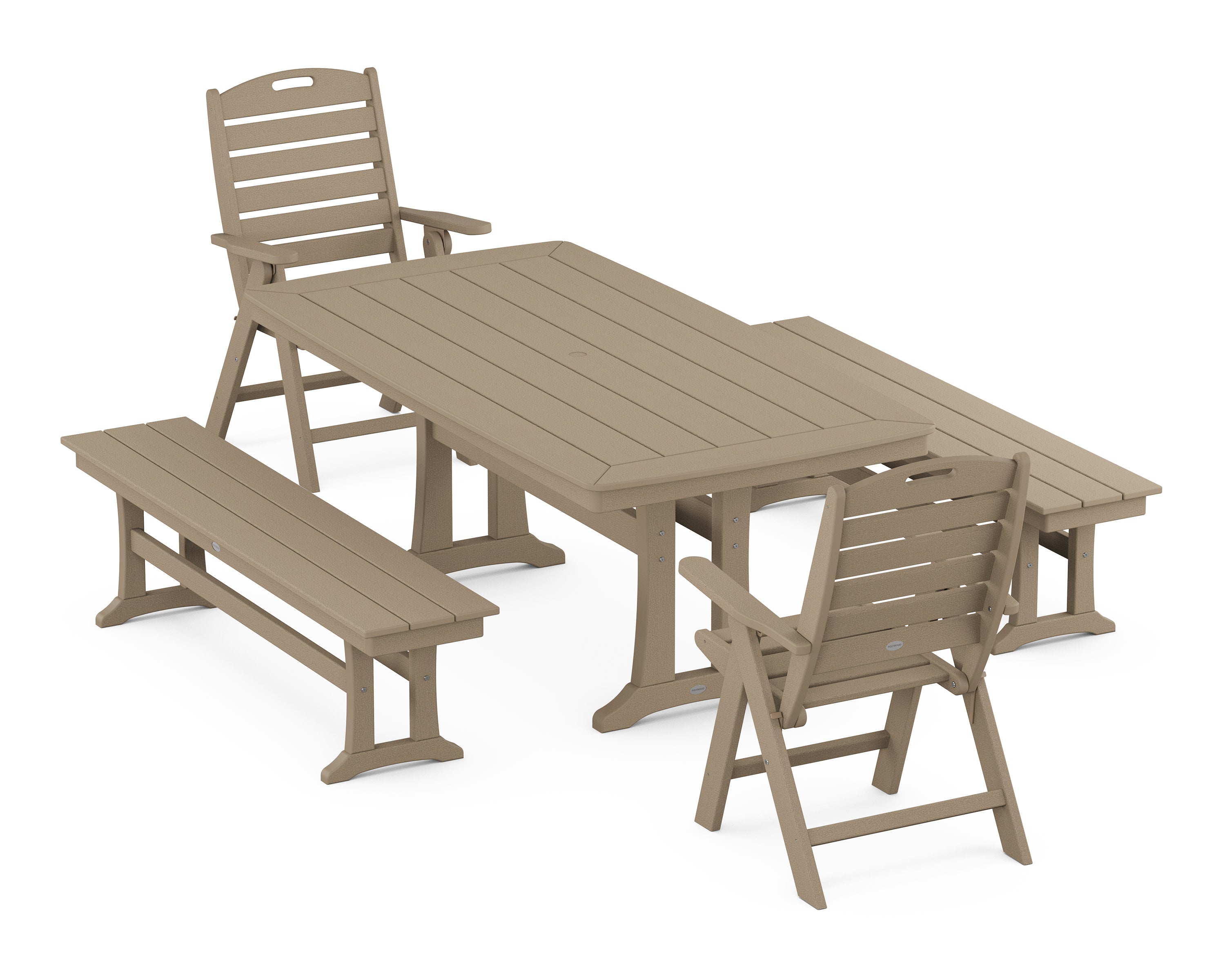 Nautical Folding Highback Chair 5-Piece Dining Set with Trestle Legs and Benches in Vintage Sahara