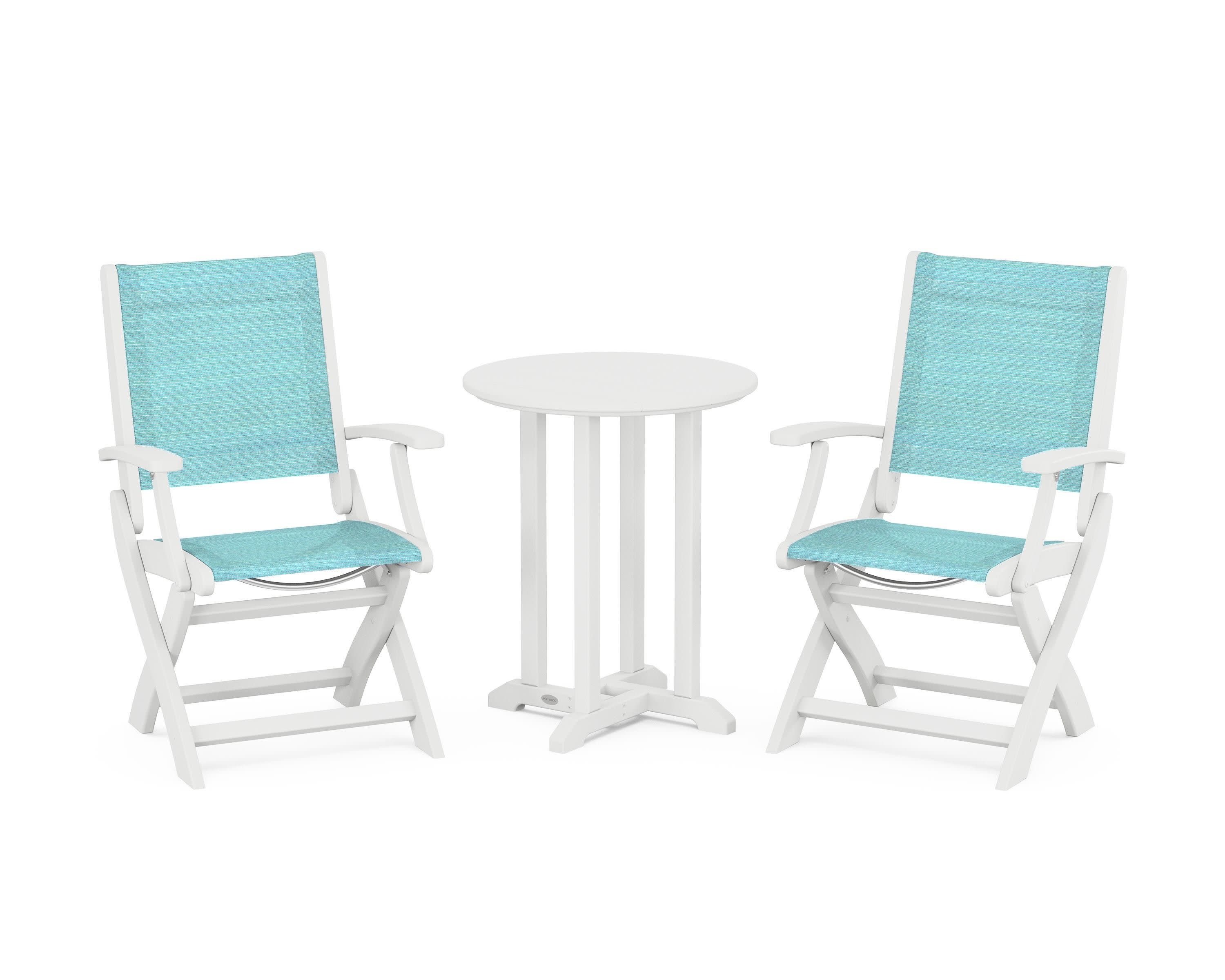 Coastal Folding 3-Piece Round Bistro Dining Set in White / Dupioni Aquamarine Sling