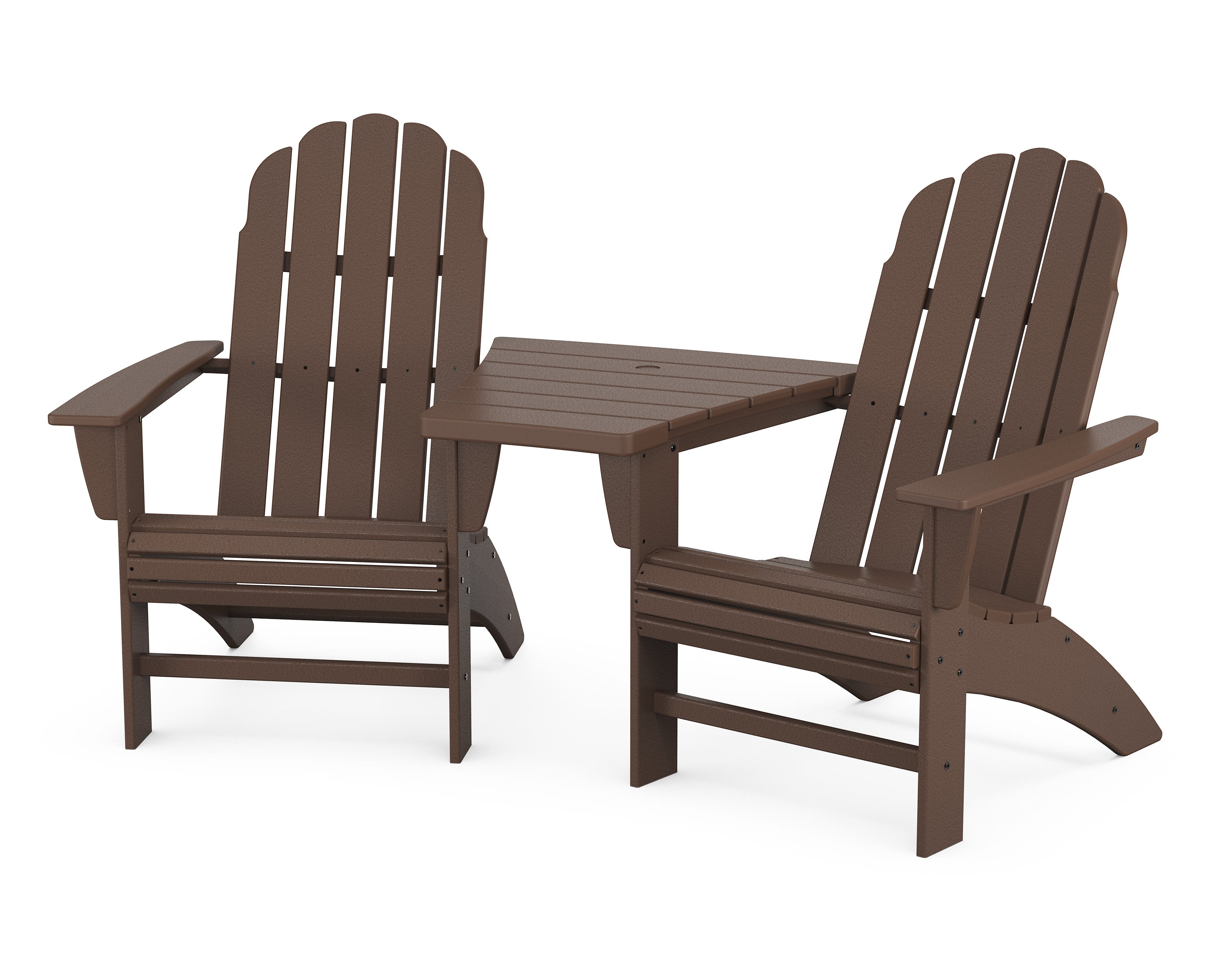 Vineyard 3-Piece Curveback Adirondack Set with Angled Connecting Table in Mahogany