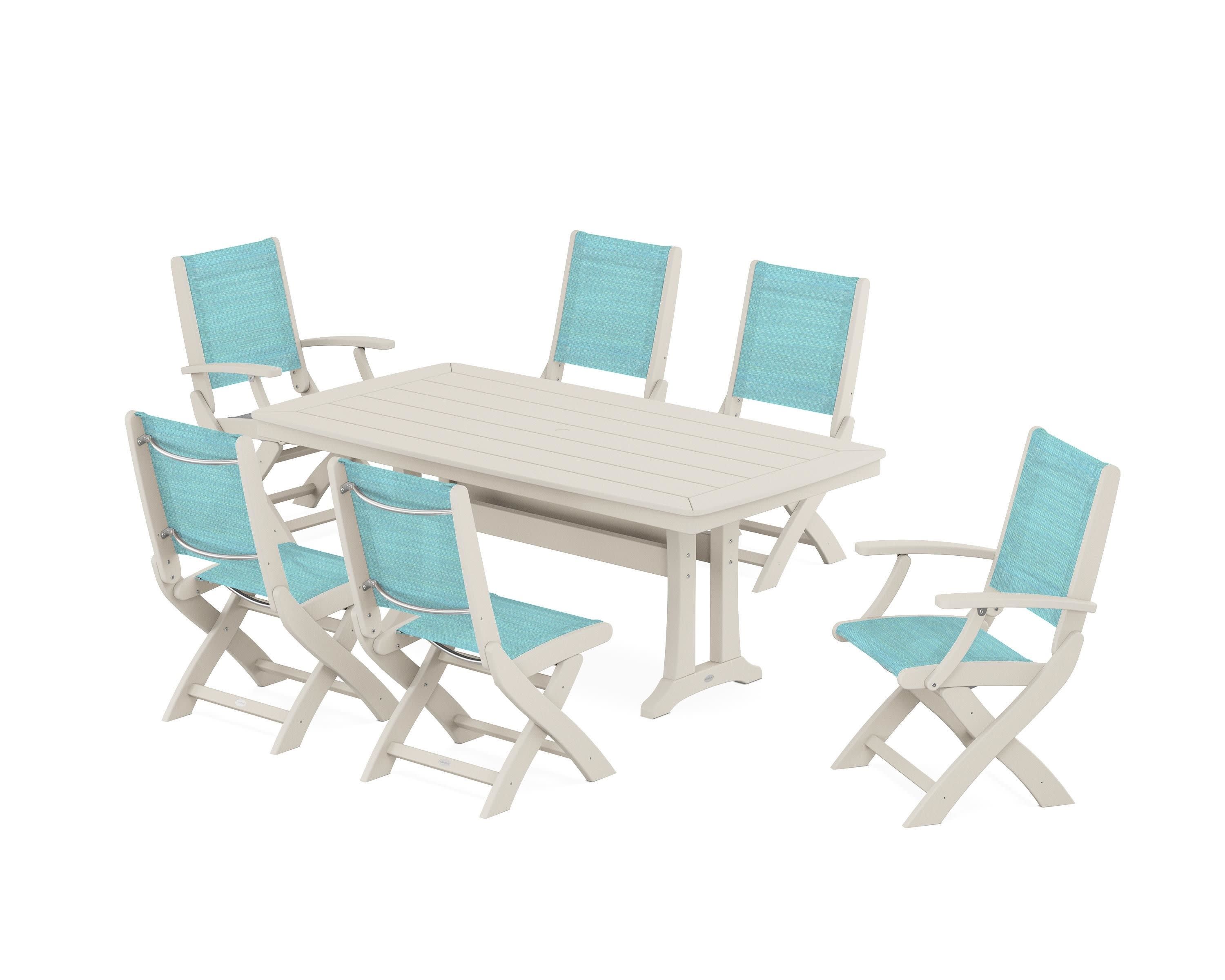 Coastal Folding Chair 7-Piece Dining Set with Trestle Legs in Sand / Dupioni Aquamarine Sling