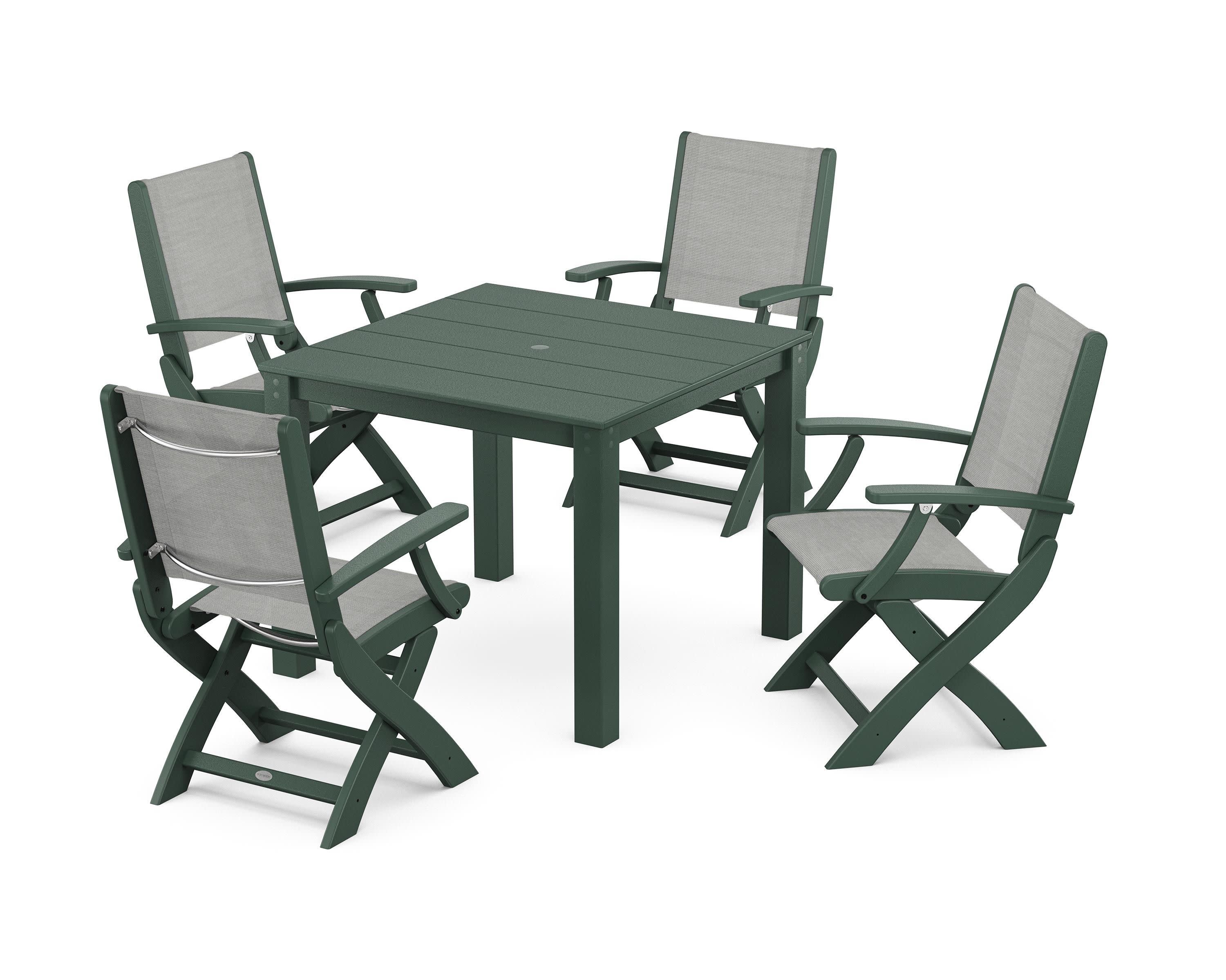 Coastal Folding Chair 5-Piece Parsons Dining Set in Green / Metallic Sling