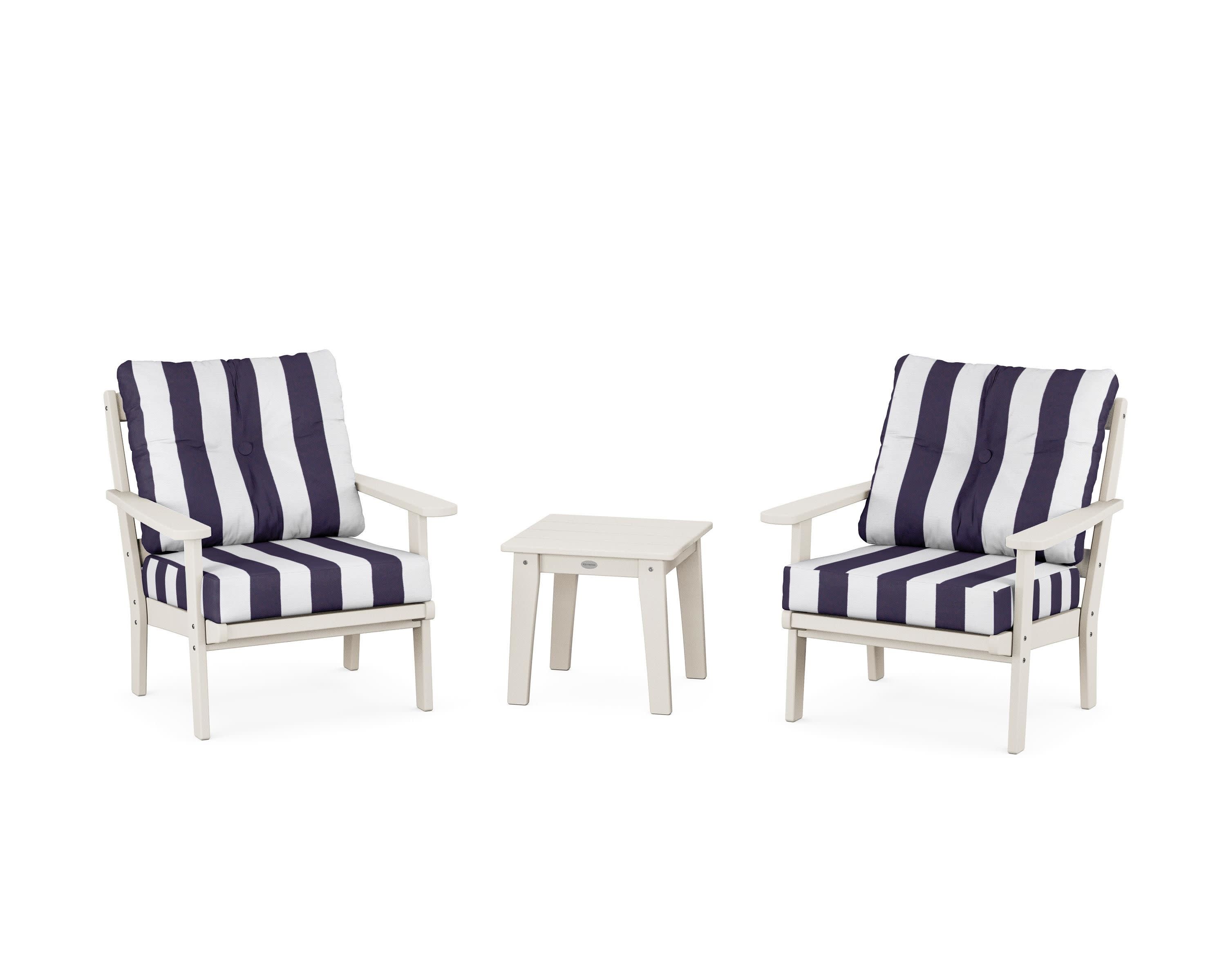 Mission 3-Piece Deep Seating Set in Sand / Cabana Stripe Navy