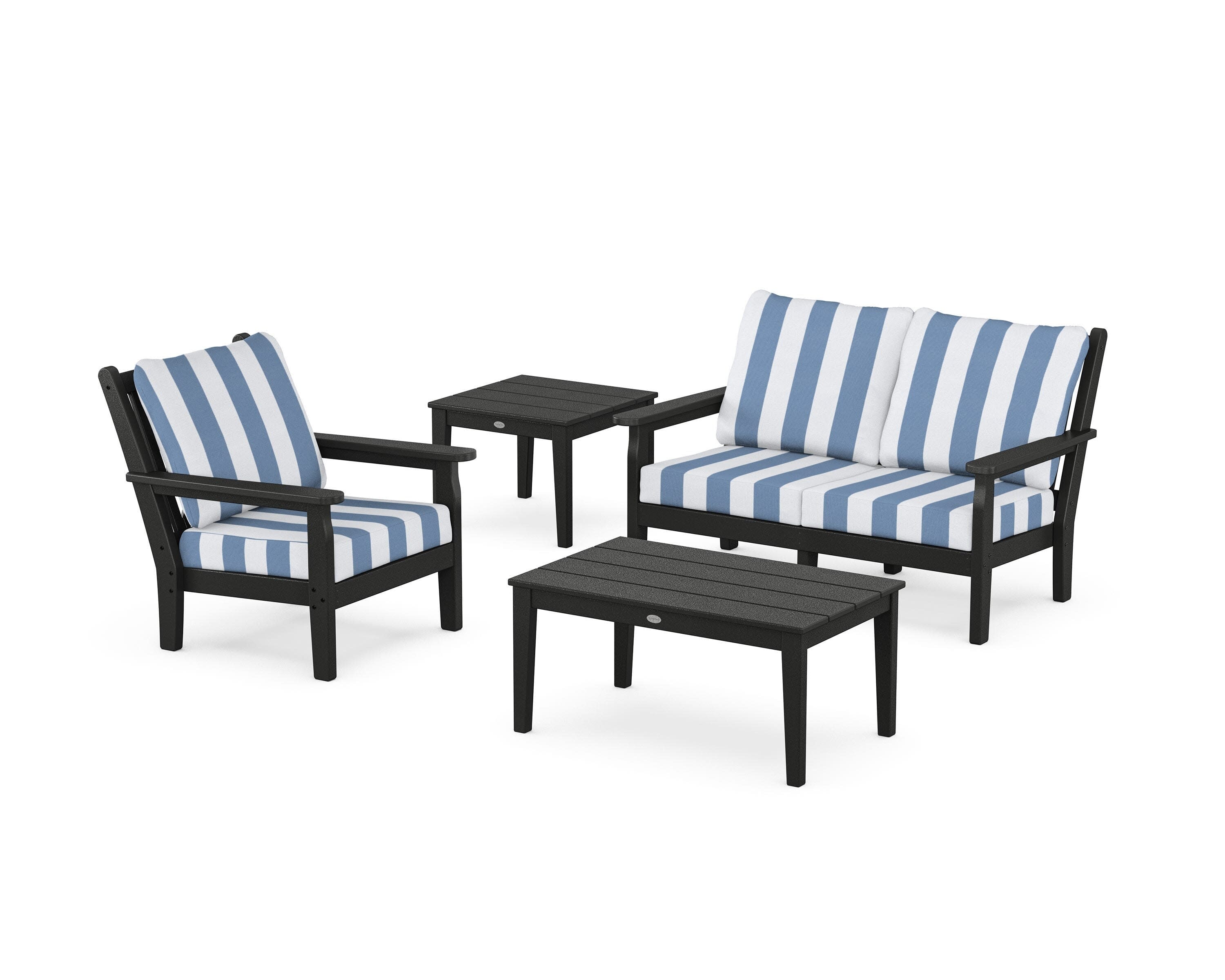 Chippendale 4-Piece Deep Seating Set in Black / Cabana Stripe Sky Blue