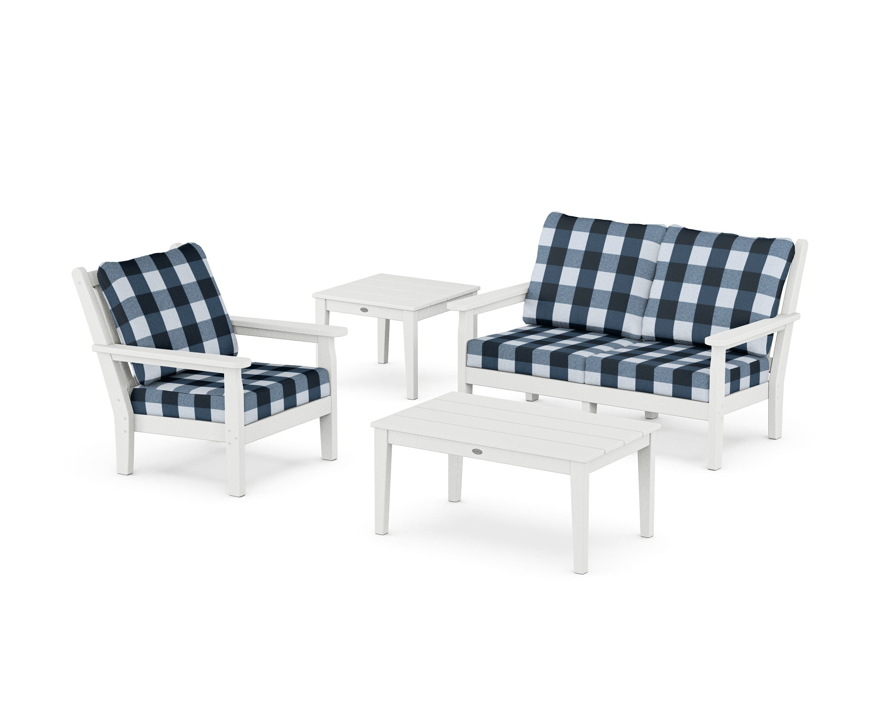 Chippendale 4-Piece Deep Seating Set in White / Buffalo Plaid Marine Indigo