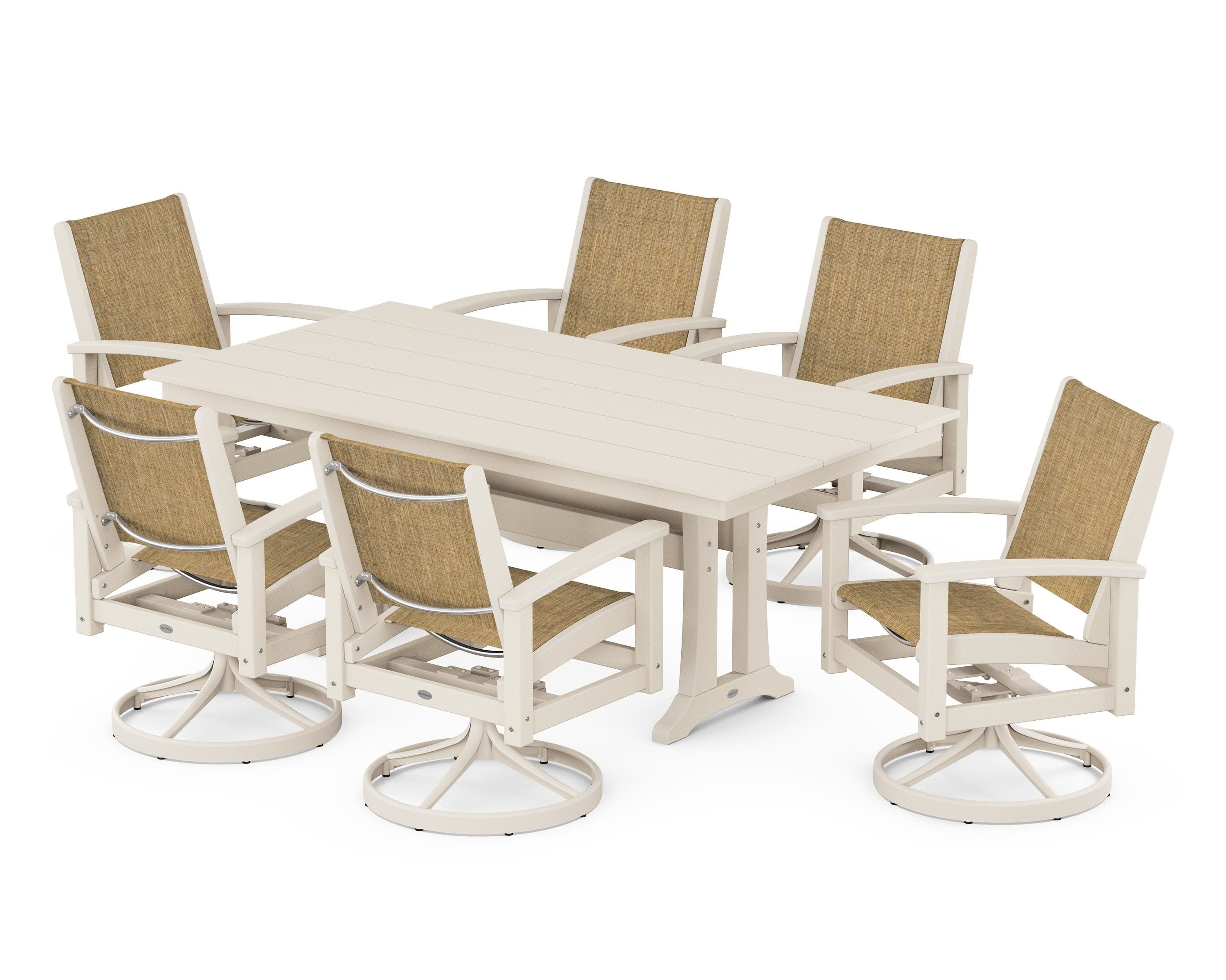 7 Piece Coastal Swivel Rocker Dining Set in Satin Tan / Sand / Burlap Sling