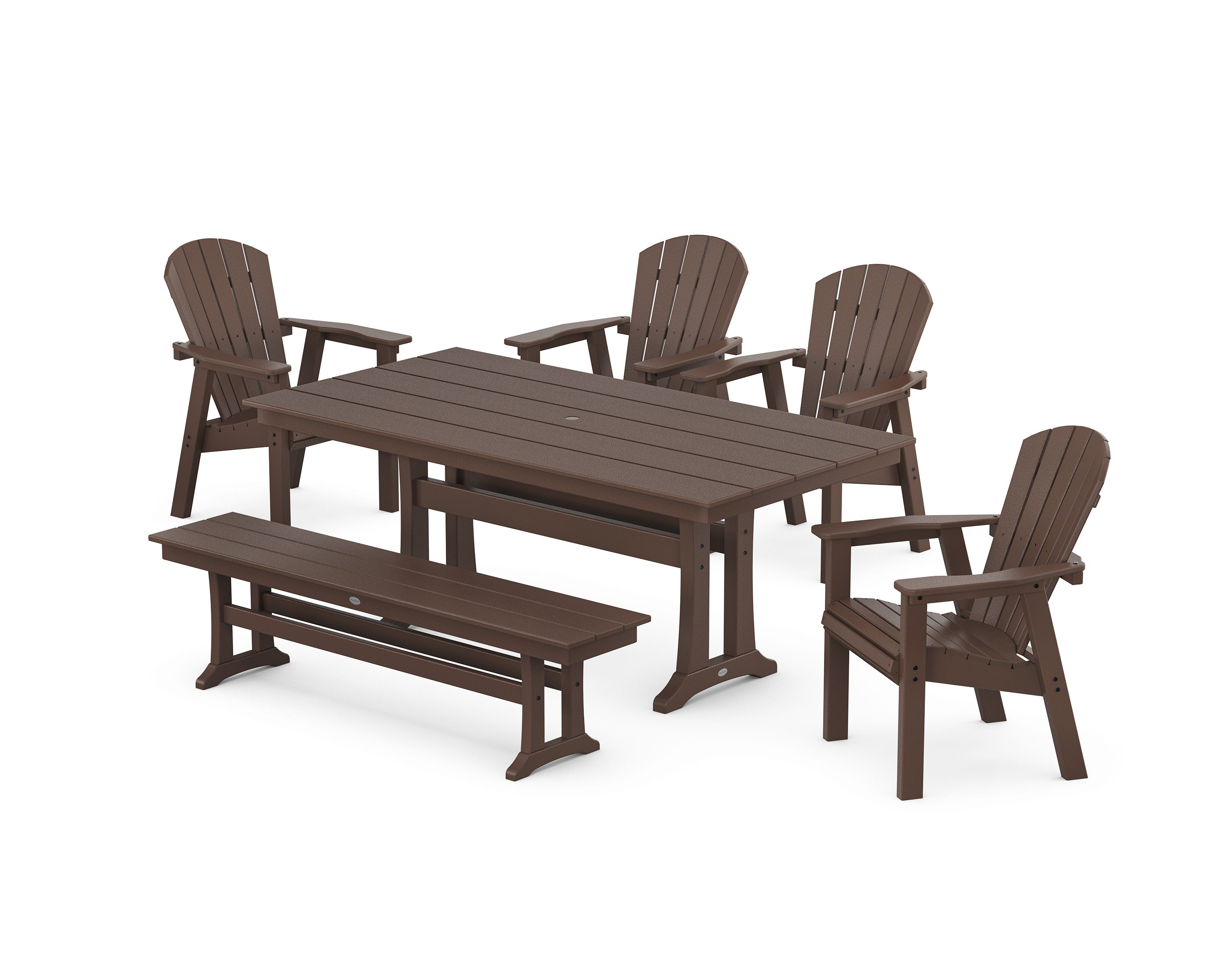 Seashell 6-Piece Farmhouse Dining Set with Trestle Legs and Bench in Mahogany