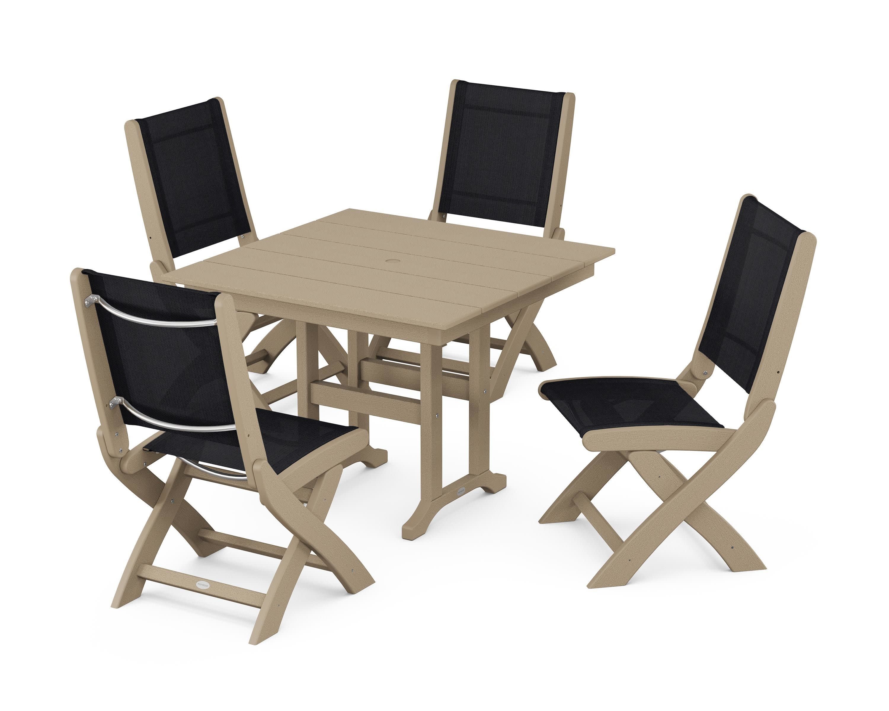 Coastal Folding Side Chair 5-Piece Farmhouse Dining Set in Vintage Sahara / Black Sling