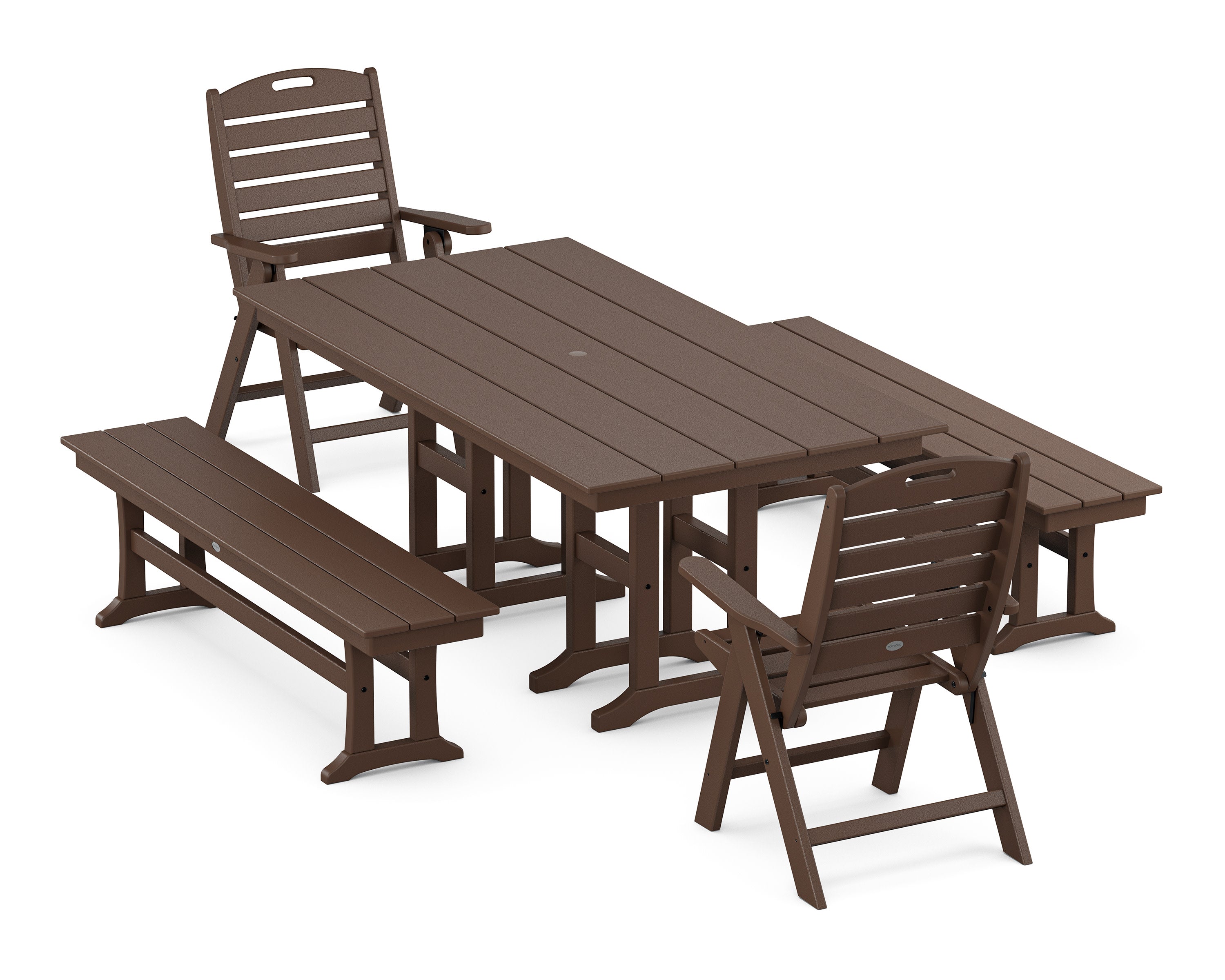 Nautical Highback 5-Piece Farmhouse Dining Set with Benches in Mahogany