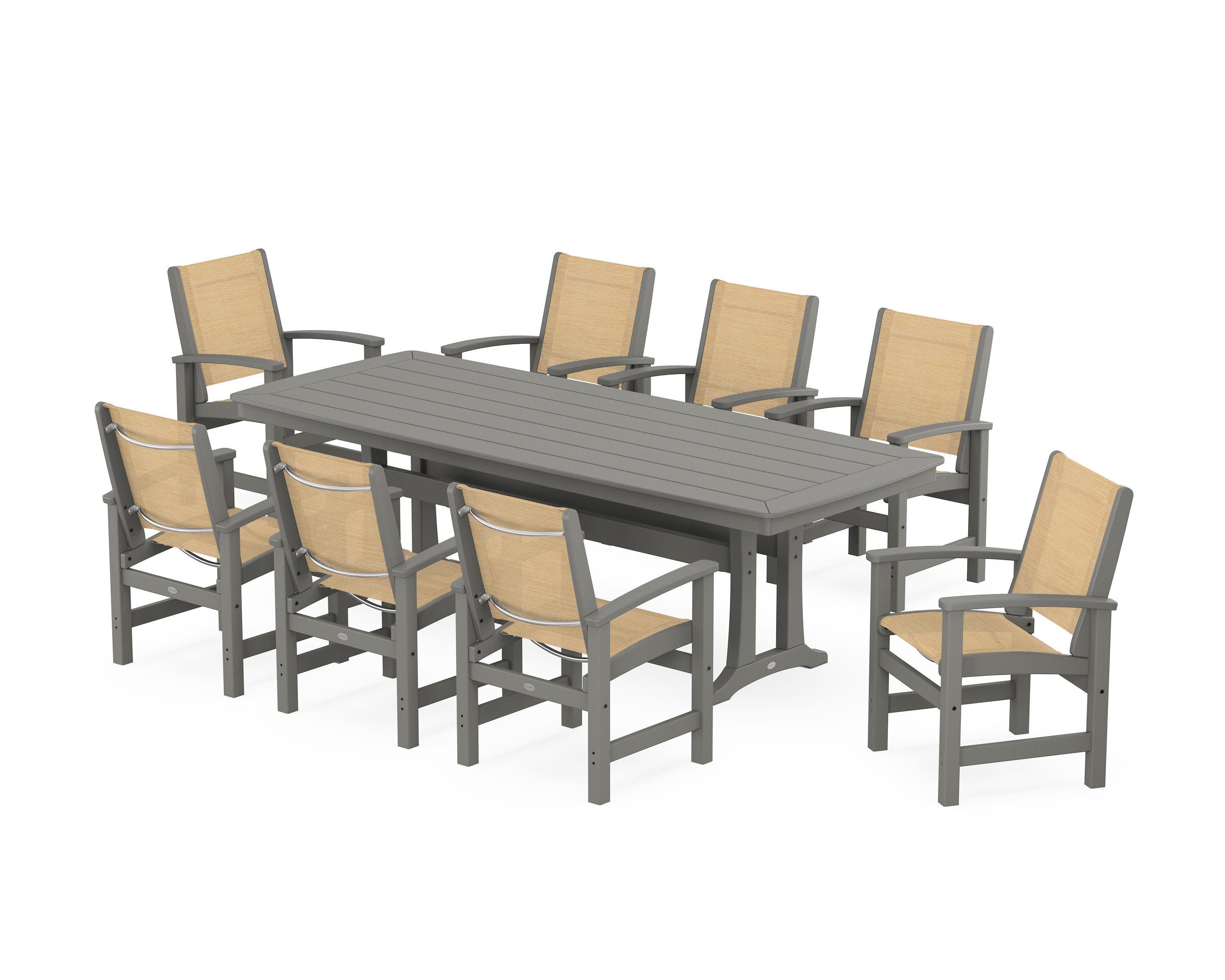 Coastal 9-Piece Dining Set with Trestle Legs in Slate Grey / Dupioni Apricot Sling