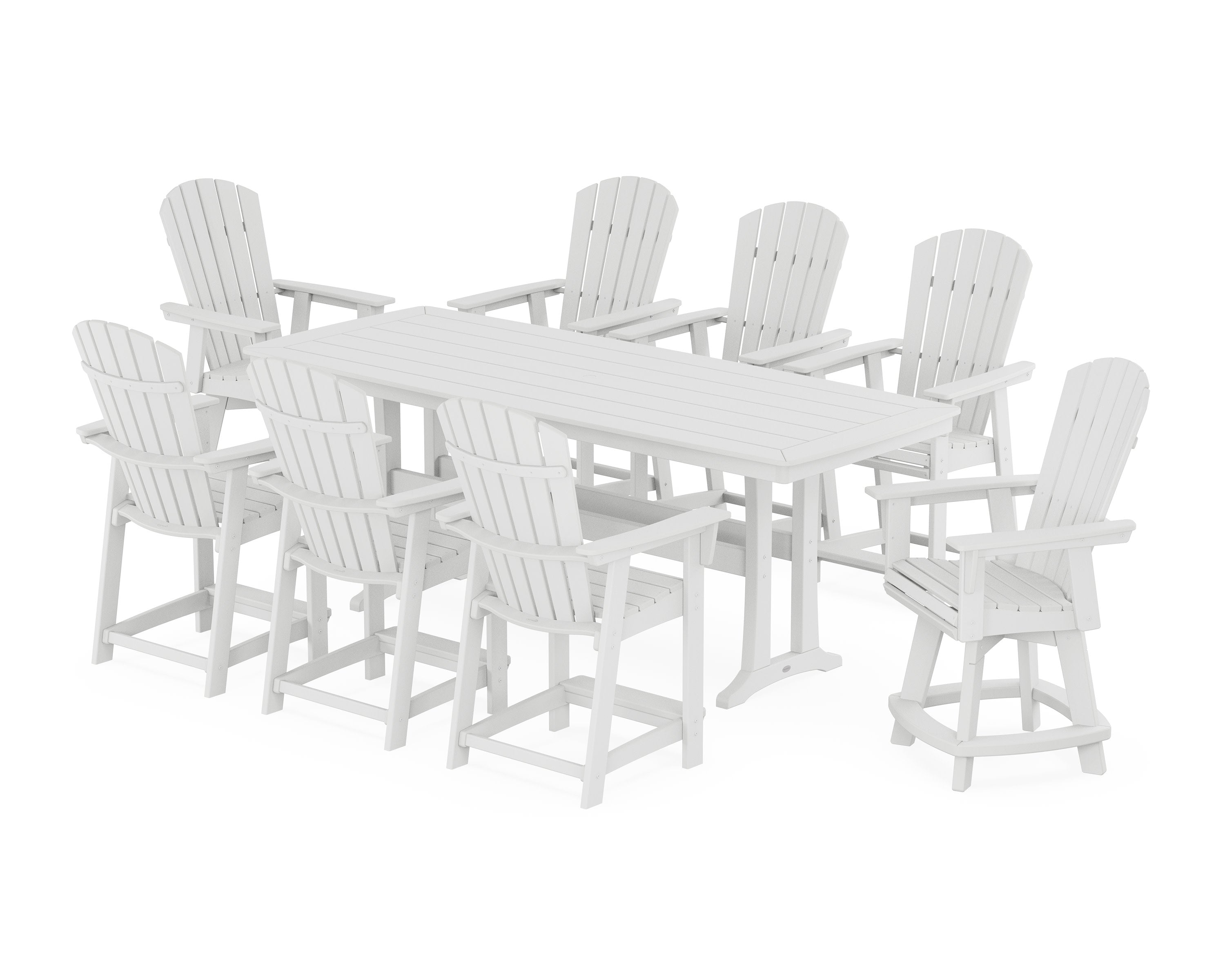 Nautical Curveback Adirondack Swivel 9-Piece Counter Set with Trestle Legs in White