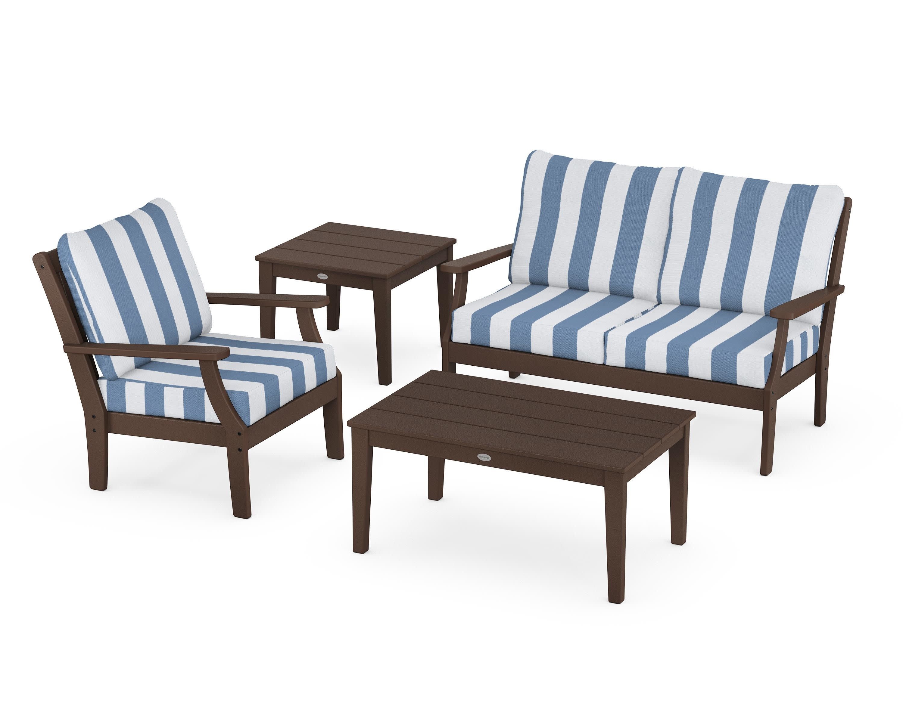 Braxton 4-Piece Deep Seating Set in Mahogany / Cabana Stripe Sky Blue
