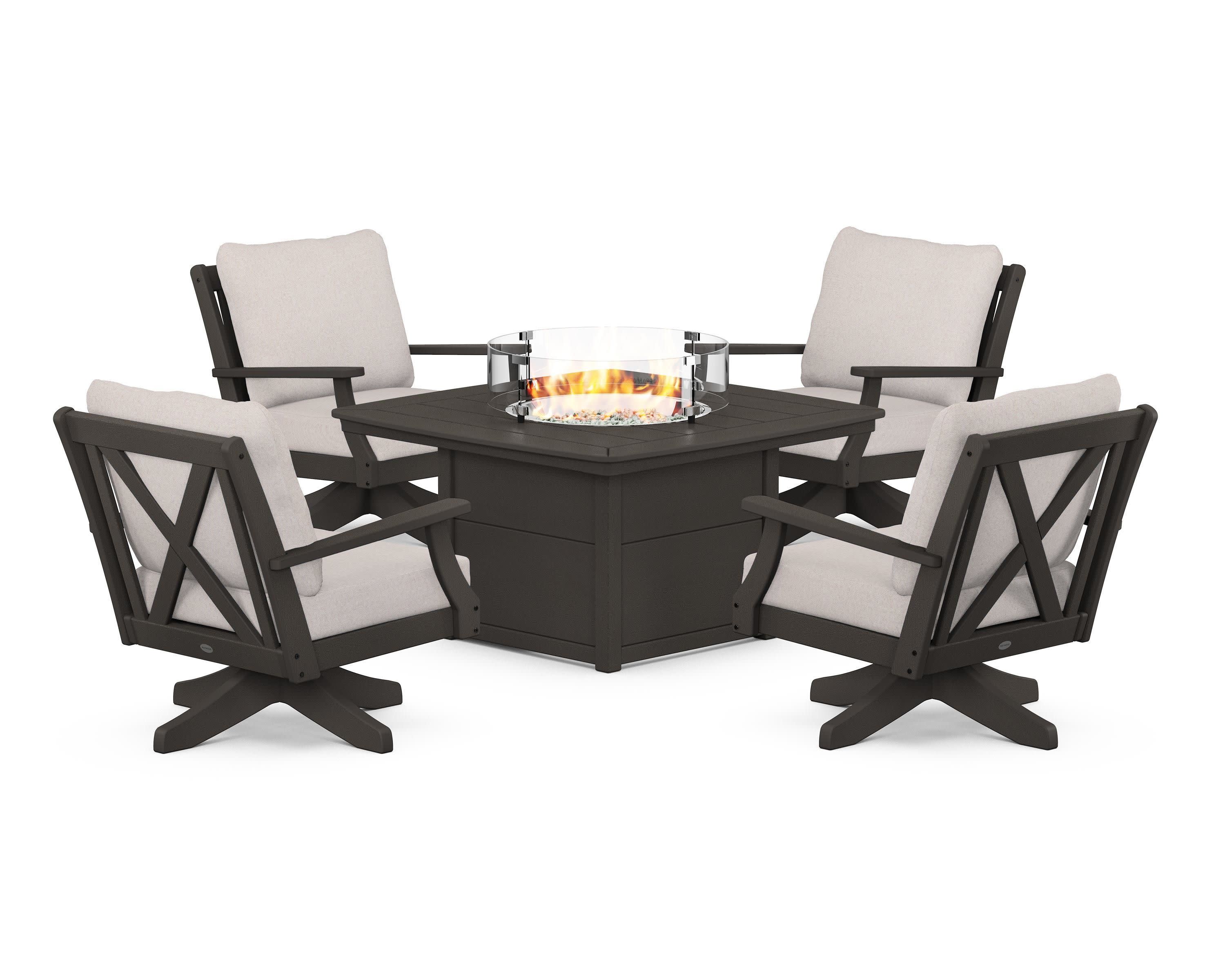 Braxton 5-Piece Deep Seating Swivel Conversation Set with Fire Pit Table in Vintage Coffee / Dune Burlap