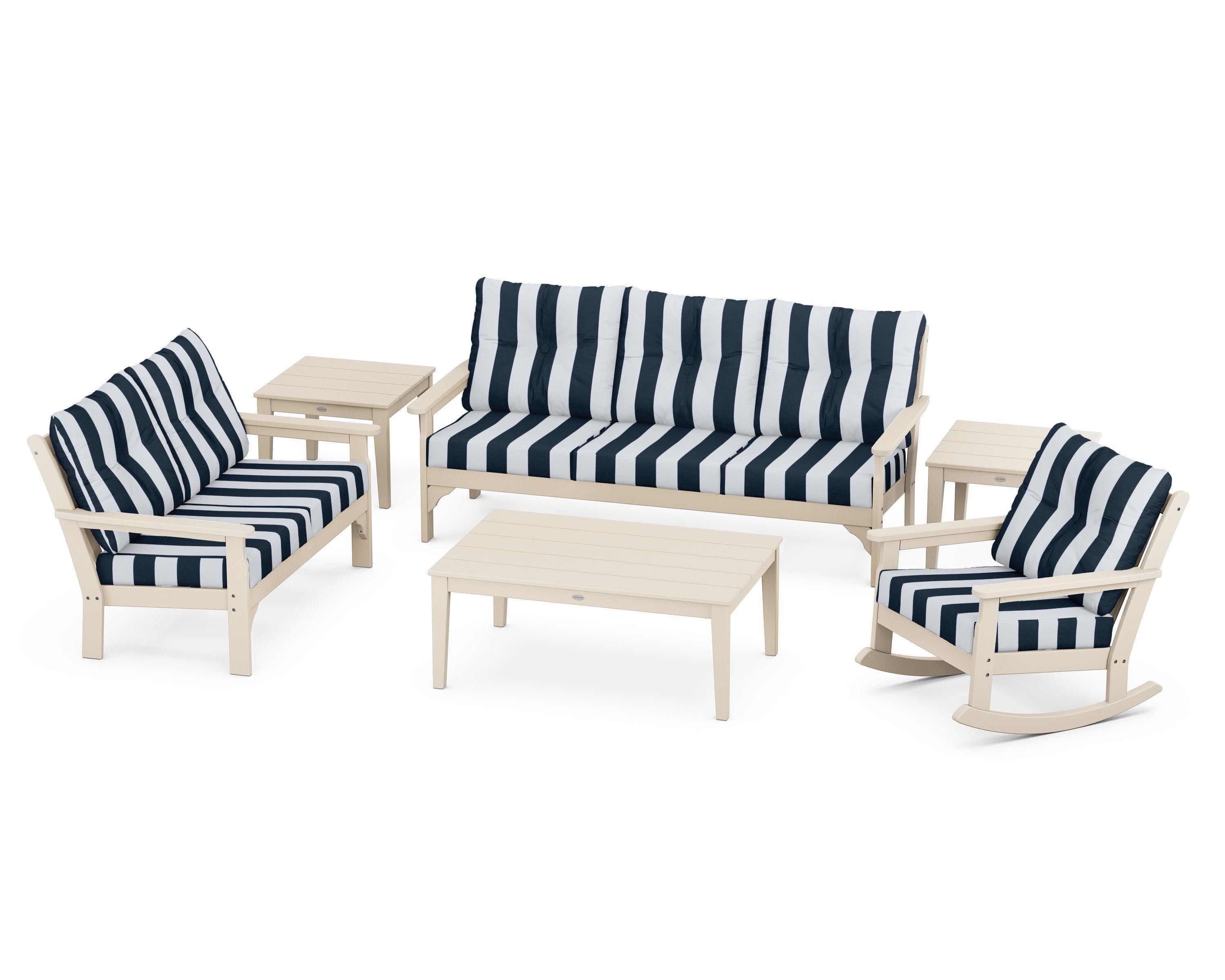 Vineyard 6-Piece Deep Seating Set in Sand / Cabana Stripe Marine Indigo