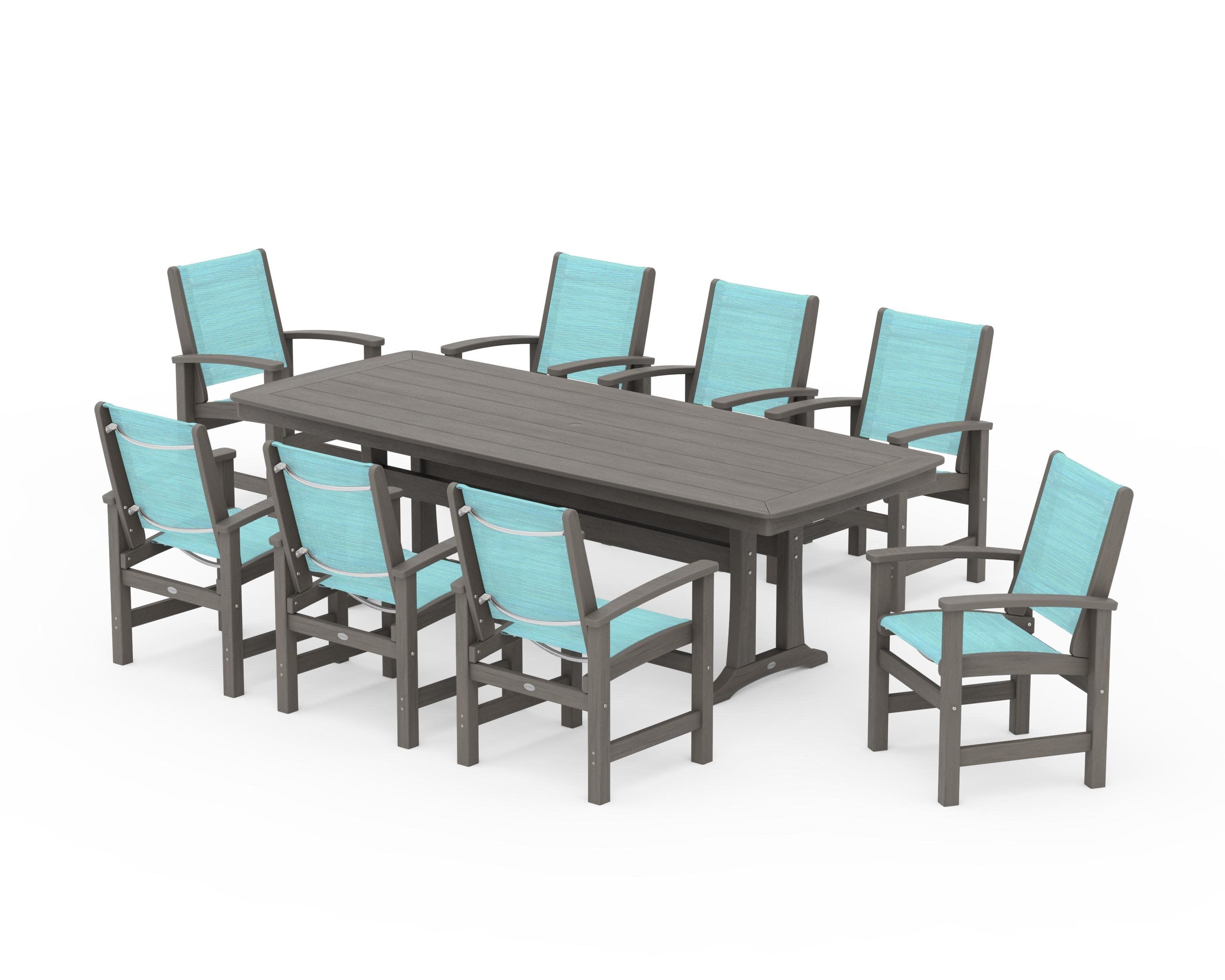 Coastal 9-Piece Dining Set with Trestle Legs in Driftwood / Dupioni Aquamarine Sling