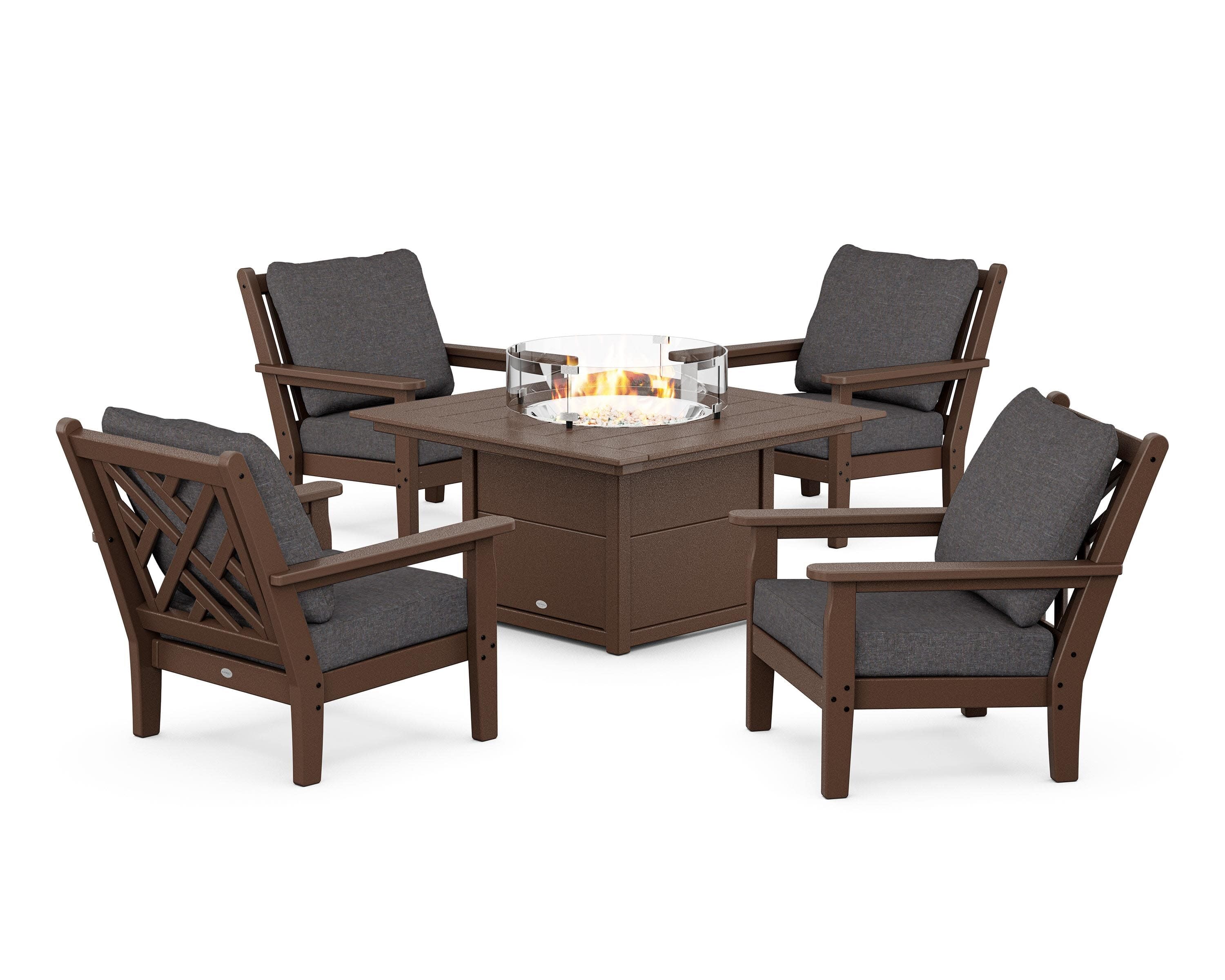 Chippendale 5-Piece Deep Seating Set with Fire Pit Table in Mahogany / Ash Charcoal