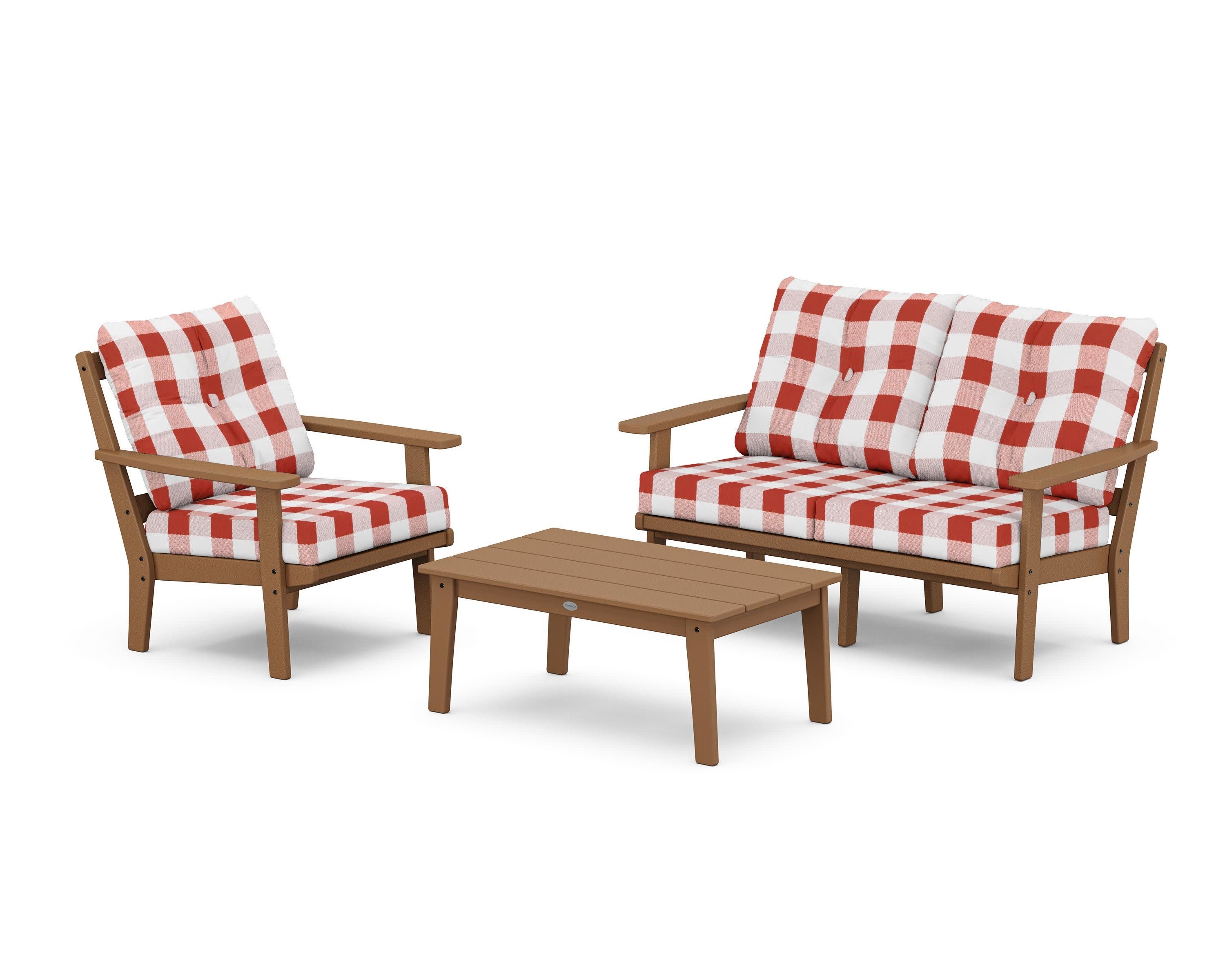 Oxford 3-Piece Deep Seating Set with Loveseat in Teak / Buffalo Plaid Crimson