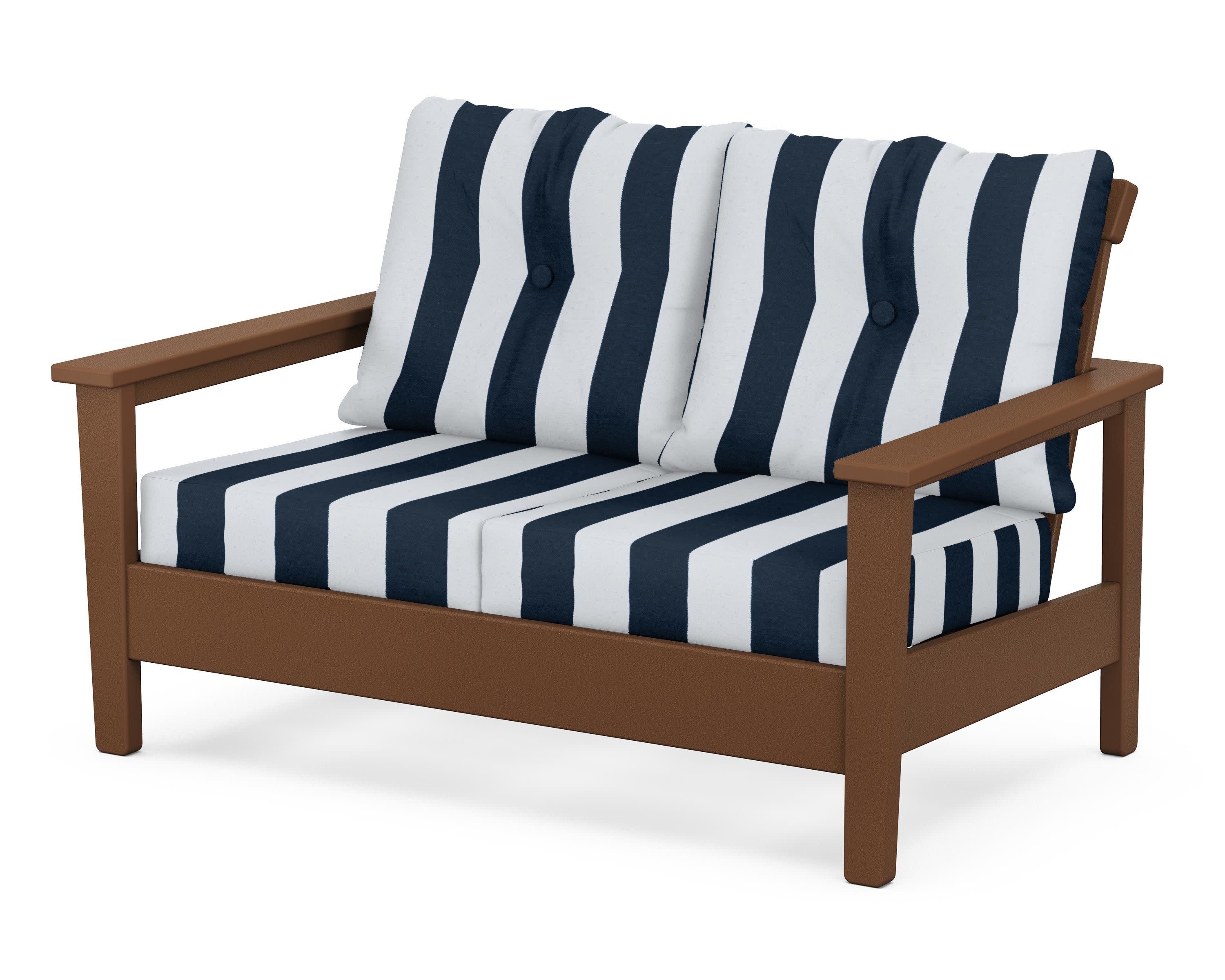 Prescott Deep Seating Loveseat in Teak / Cabana Stripe Marine Indigo