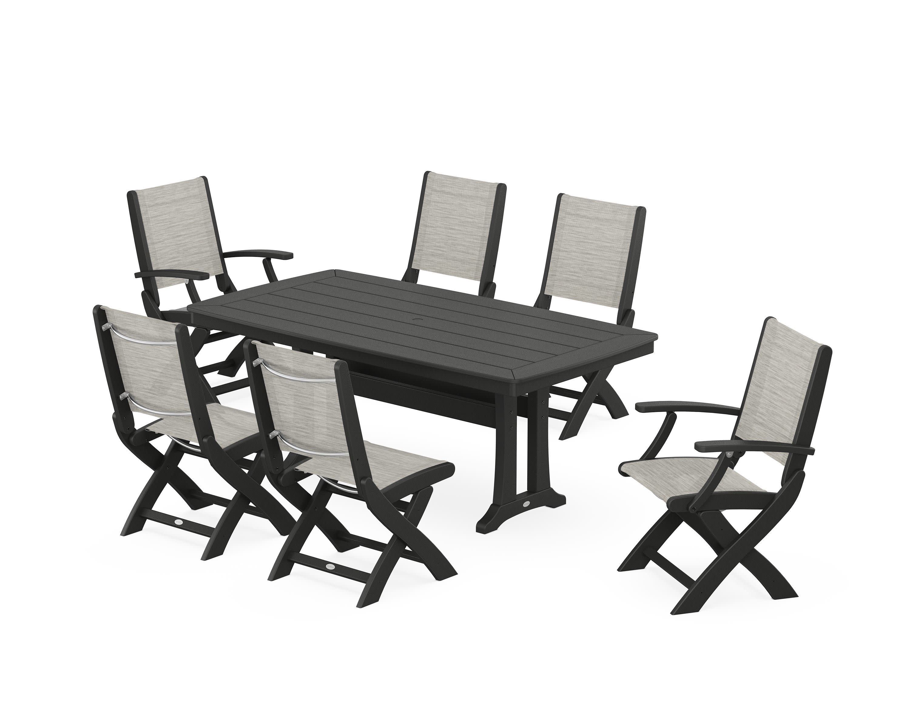 Coastal Folding Chair 7-Piece Dining Set with Trestle Legs in Black / Birch Sling