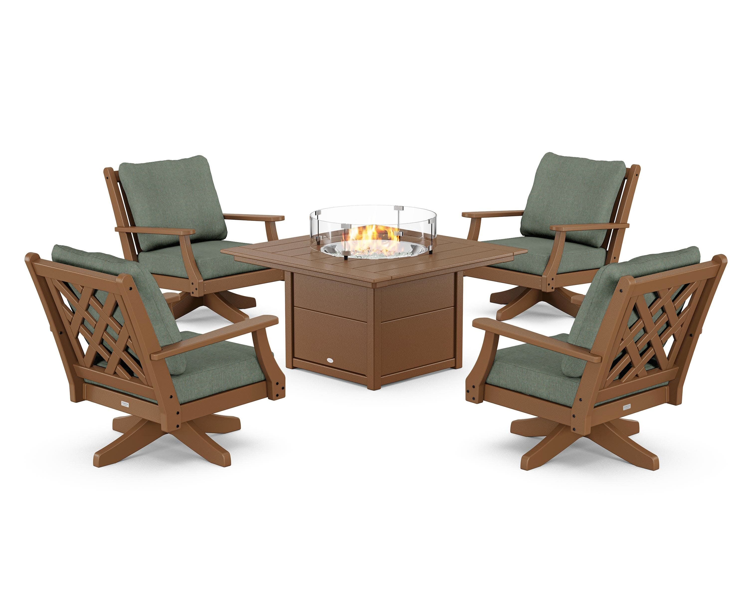 Wovendale 5-Piece Deep Seating Swivel Conversation Set with Fire Pit Table in Teak / Cast Sage