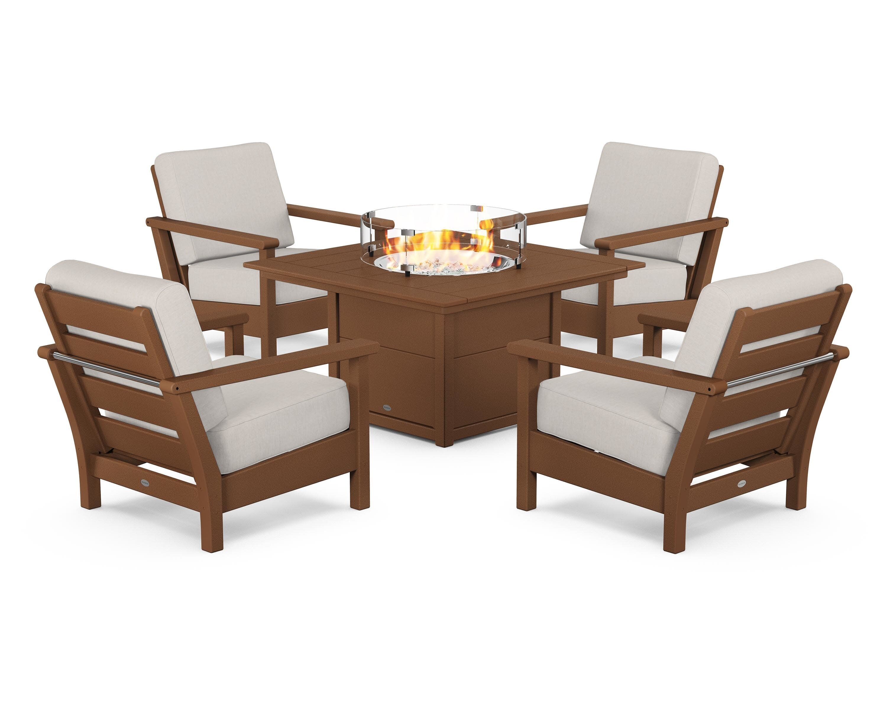 Harbour 5-Piece Conversation Set with Fire Pit Table in Teak / Cast Ash