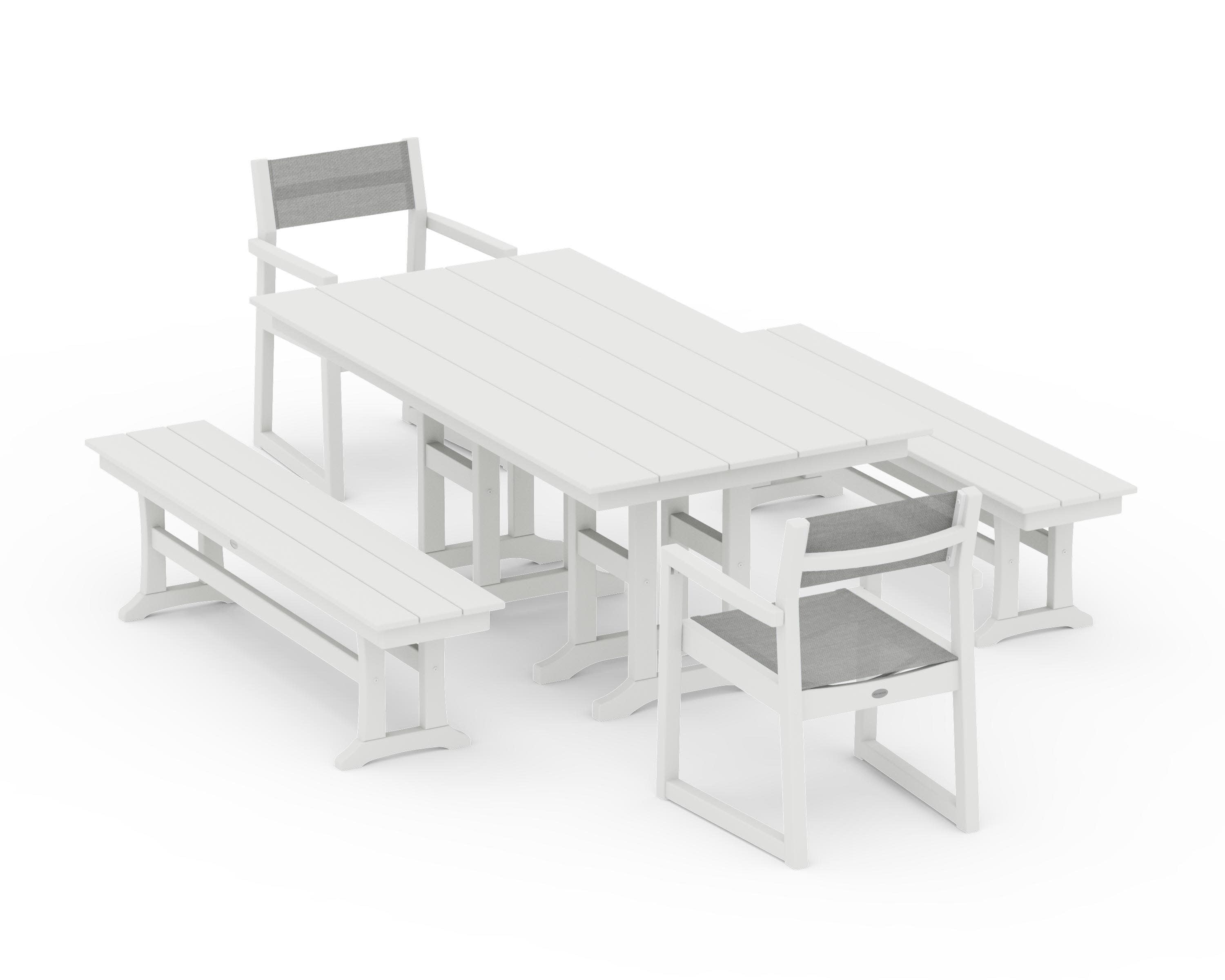 EDGE Sling Arm Chair 5-Piece Farmhouse Dining Set with Benches in Vintage White / Metallic Sling