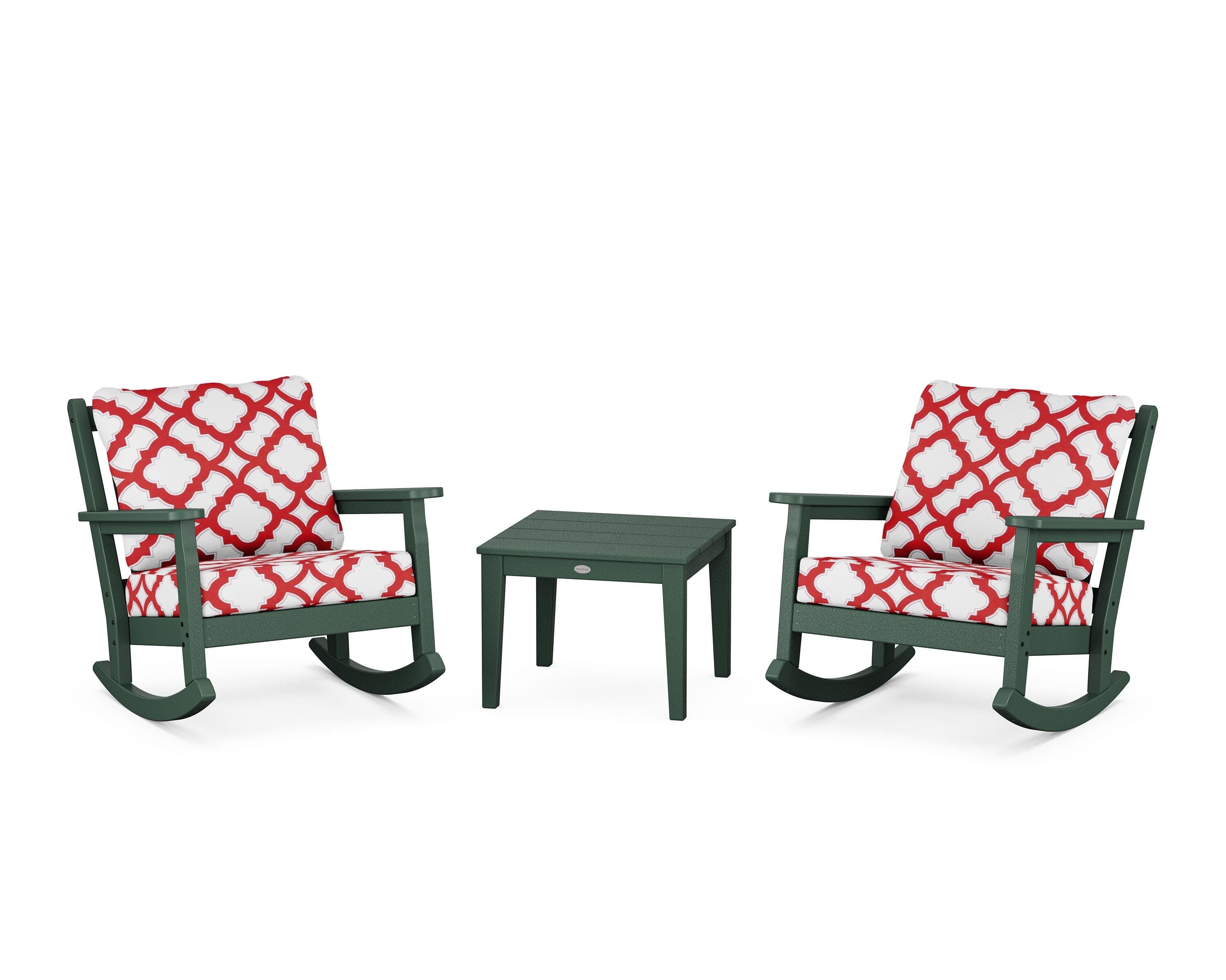 Chippendale 3-Piece Deep Seating Rocker Set in Green / Trellis Crimson