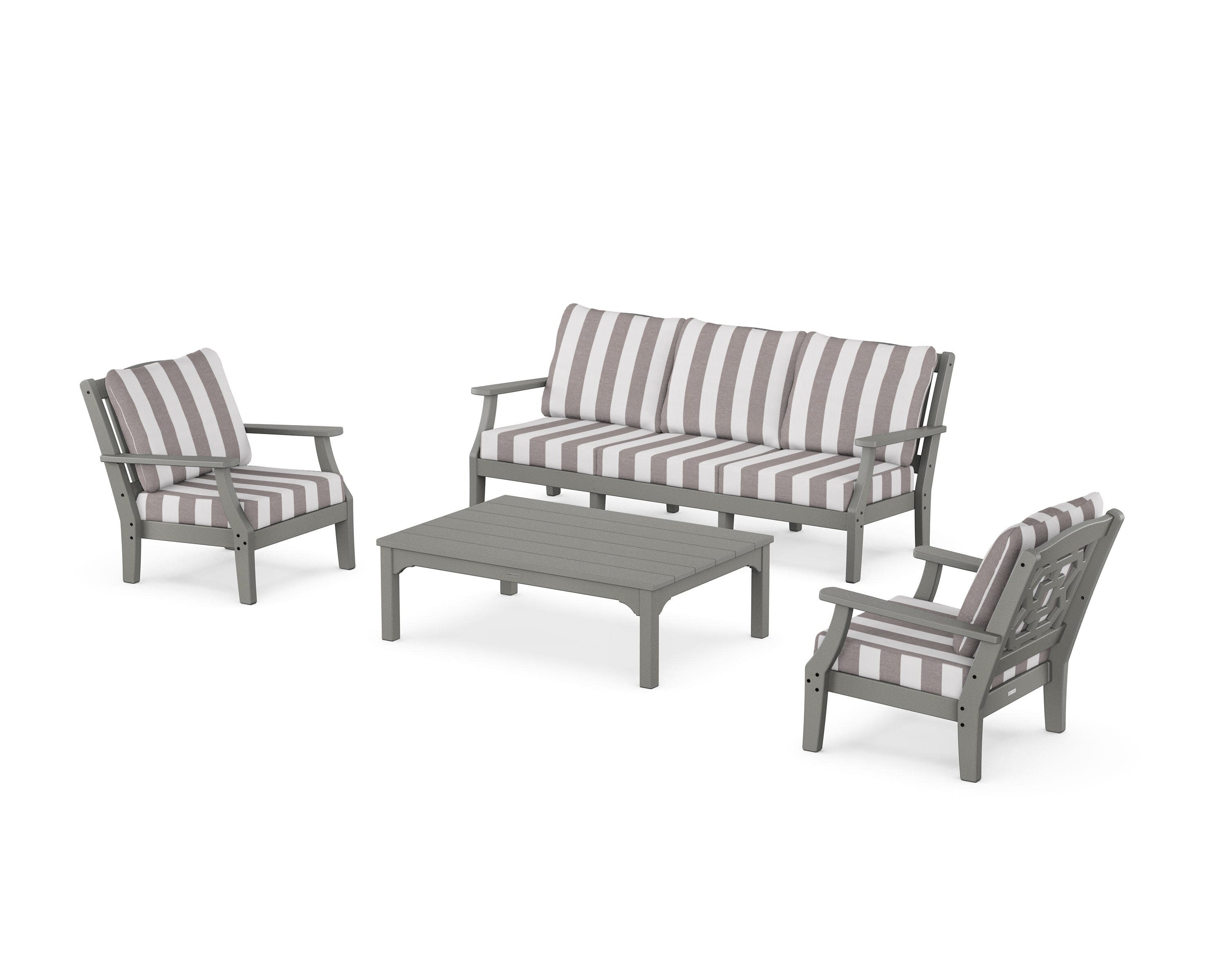 Chinoiserie 4-Piece Deep Seating Set with Sofa in Slate Grey / Cabana Stripe Grey Mist