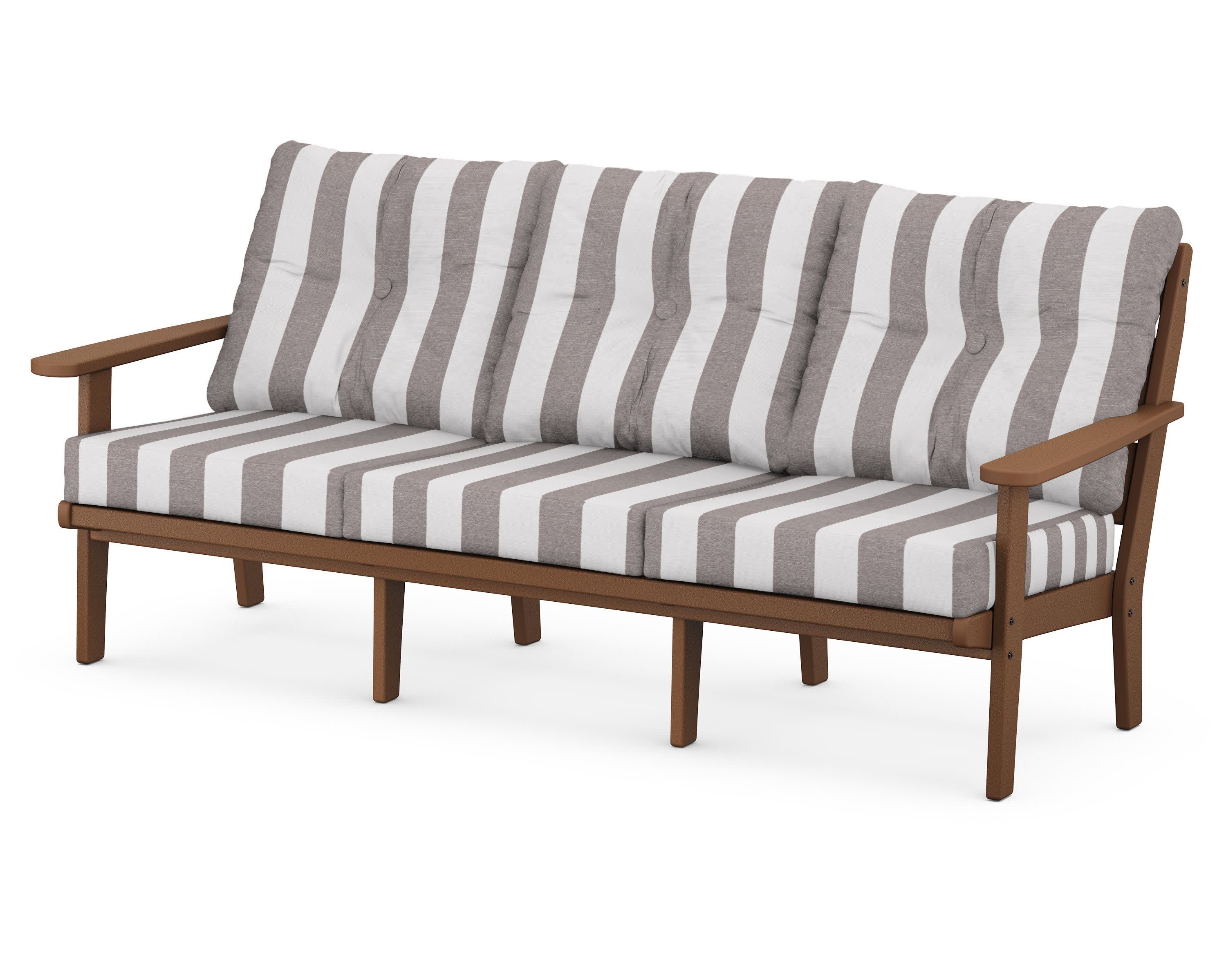 Lakeside Deep Seating Sofa in Teak / Cabana Stripe Grey Mist