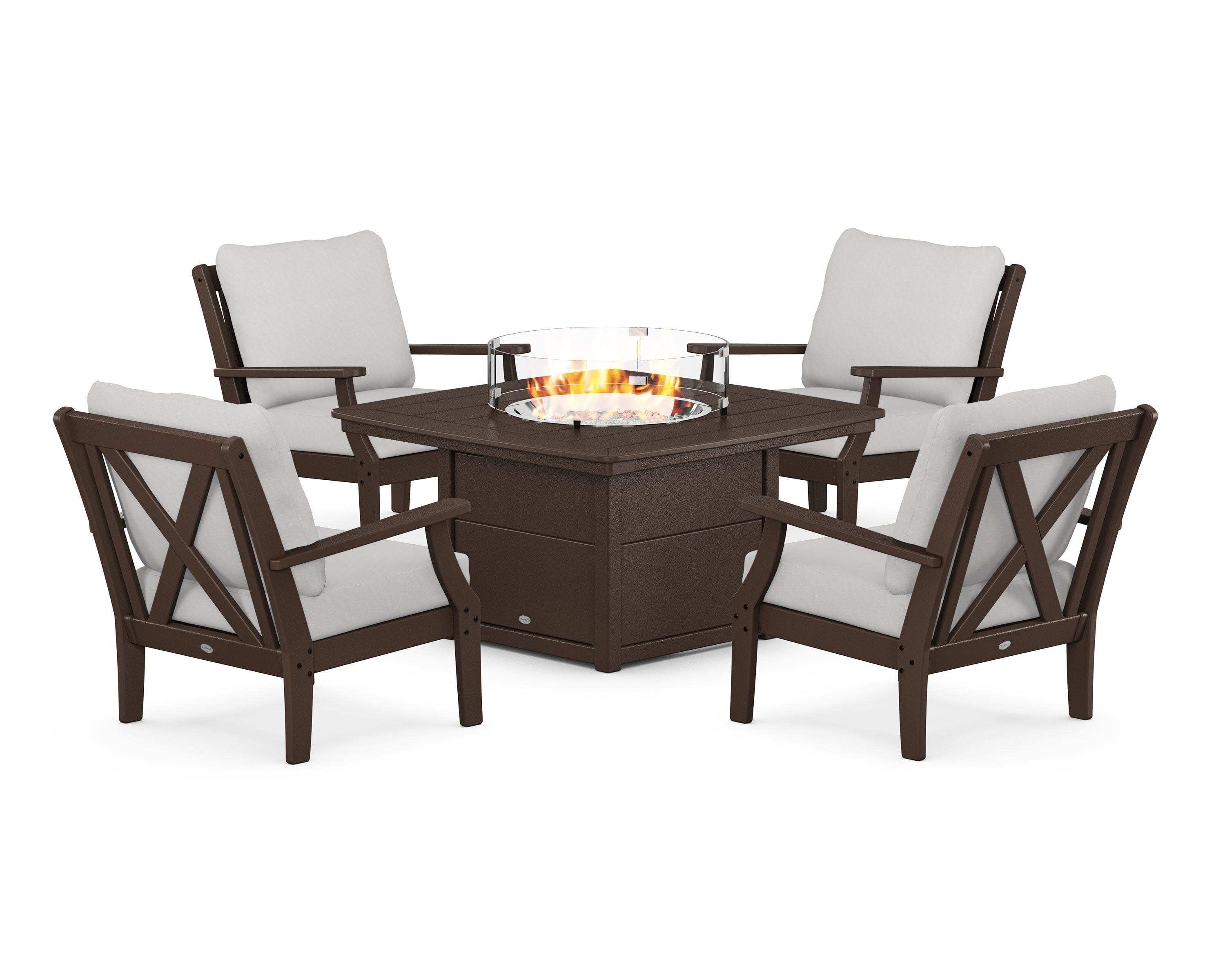 Braxton 5-Piece Deep Seating Conversation Set with Fire Pit Table in Mahogany / Diamond in the Rough