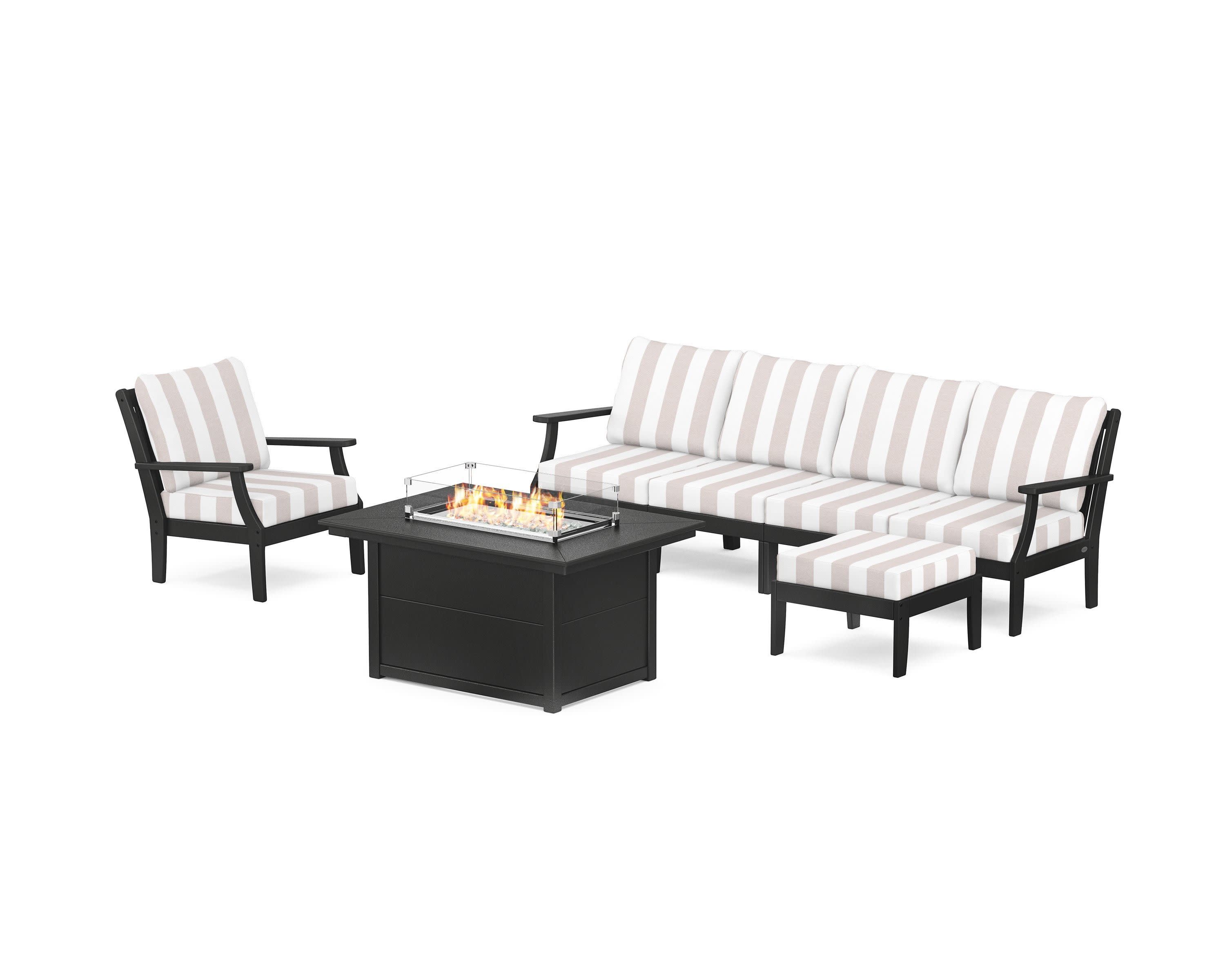 Braxton Sectional Lounge and Fire Pit Set in Black / Cabana Stripe Dune Burlap