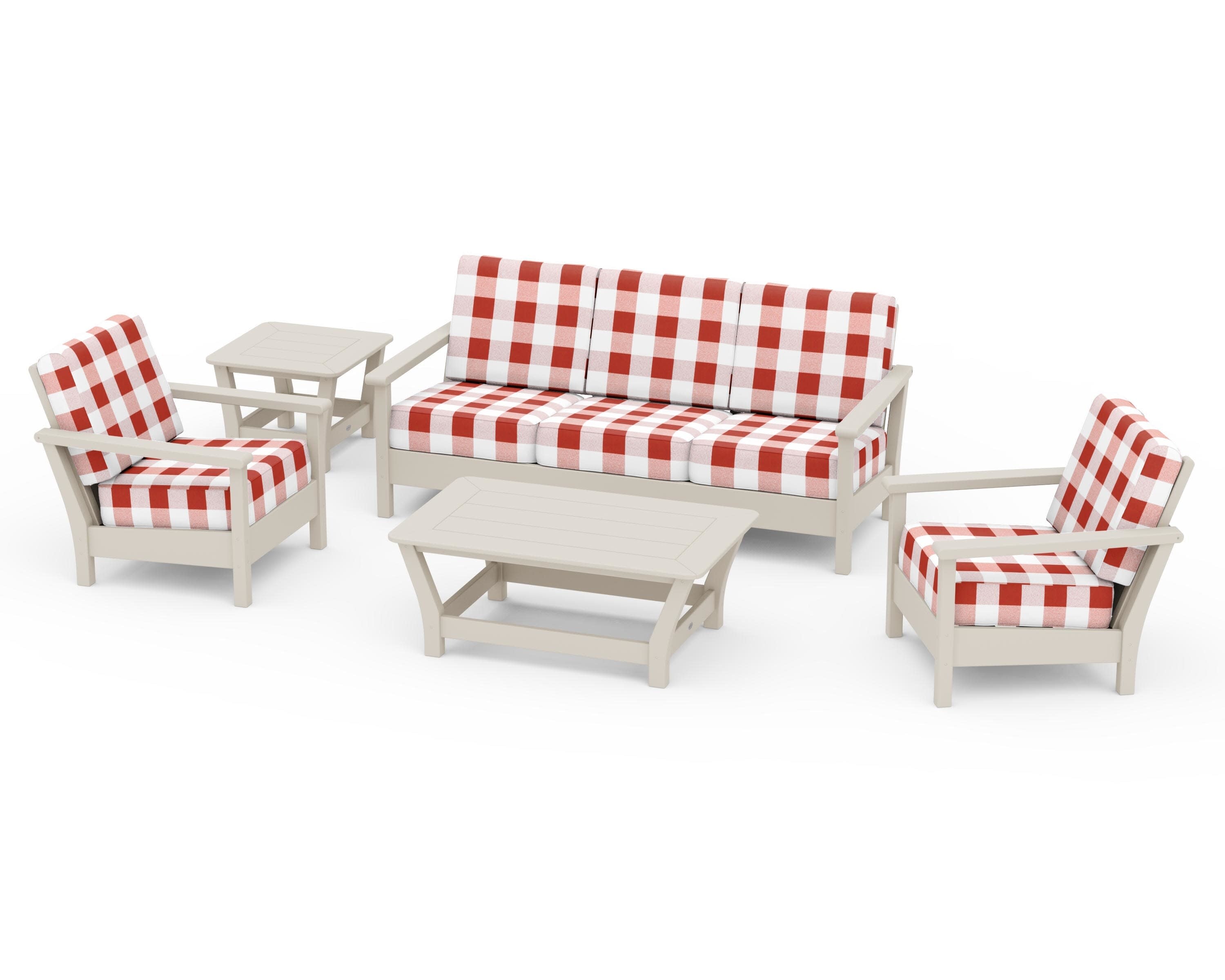 Harbour 5-Piece Deep Seating Set in Sand / Buffalo Plaid Crimson