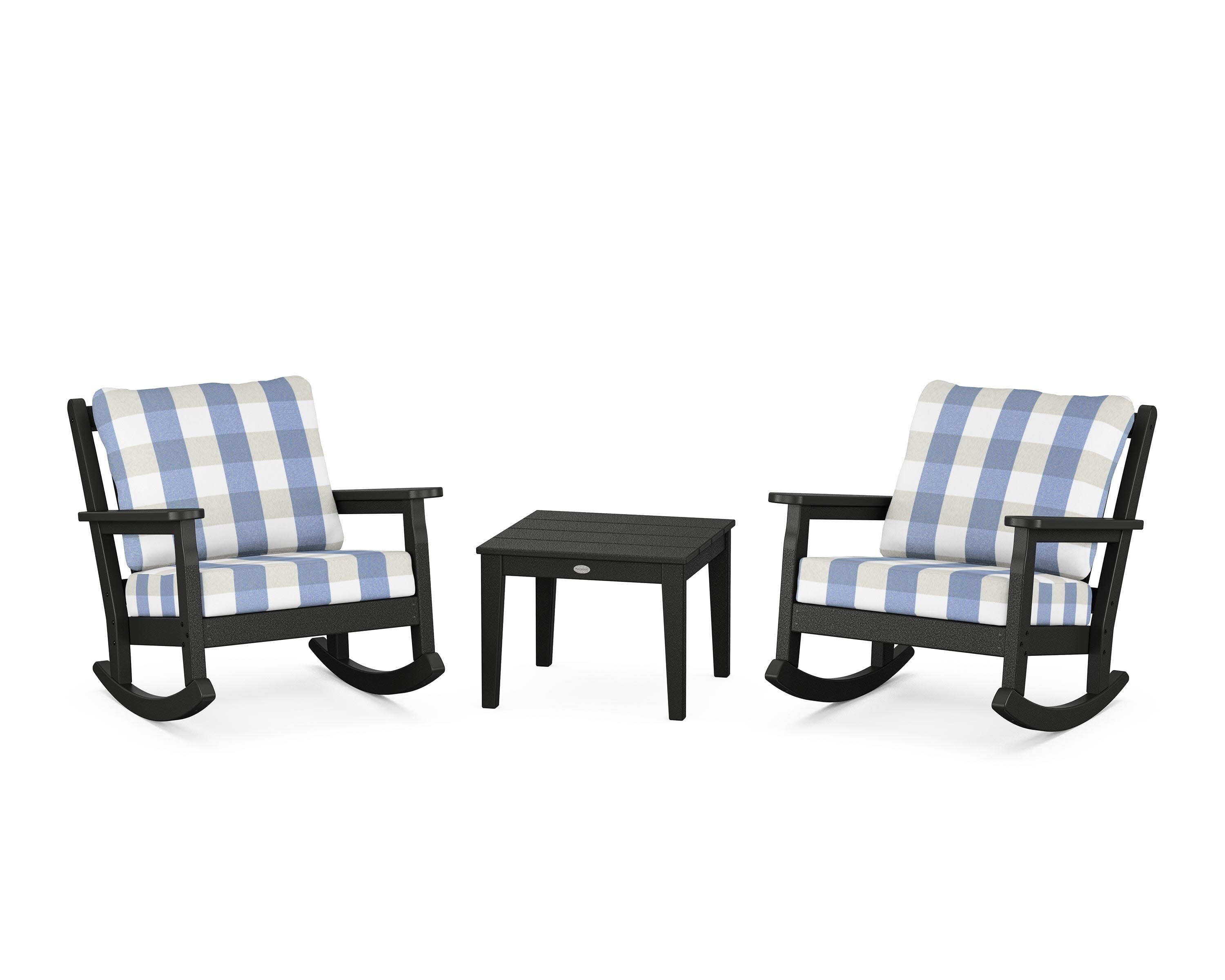 Chippendale 3-Piece Deep Seating Rocker Set in Black / Buffalo Plaid Sky Blue