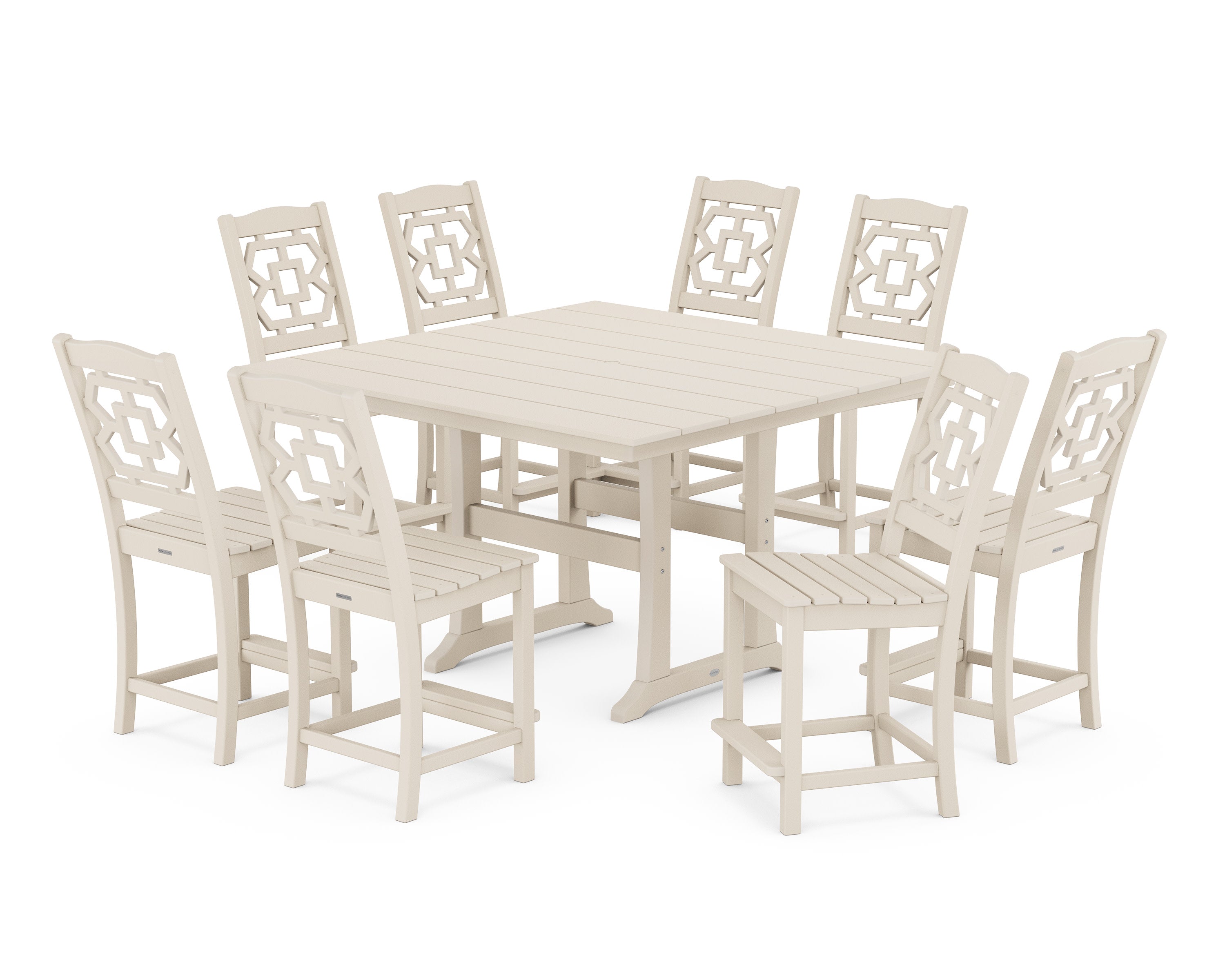 Chinoiserie 9-Piece Square Farmhouse Side Chair Counter Set with Trestle Legs in Sand