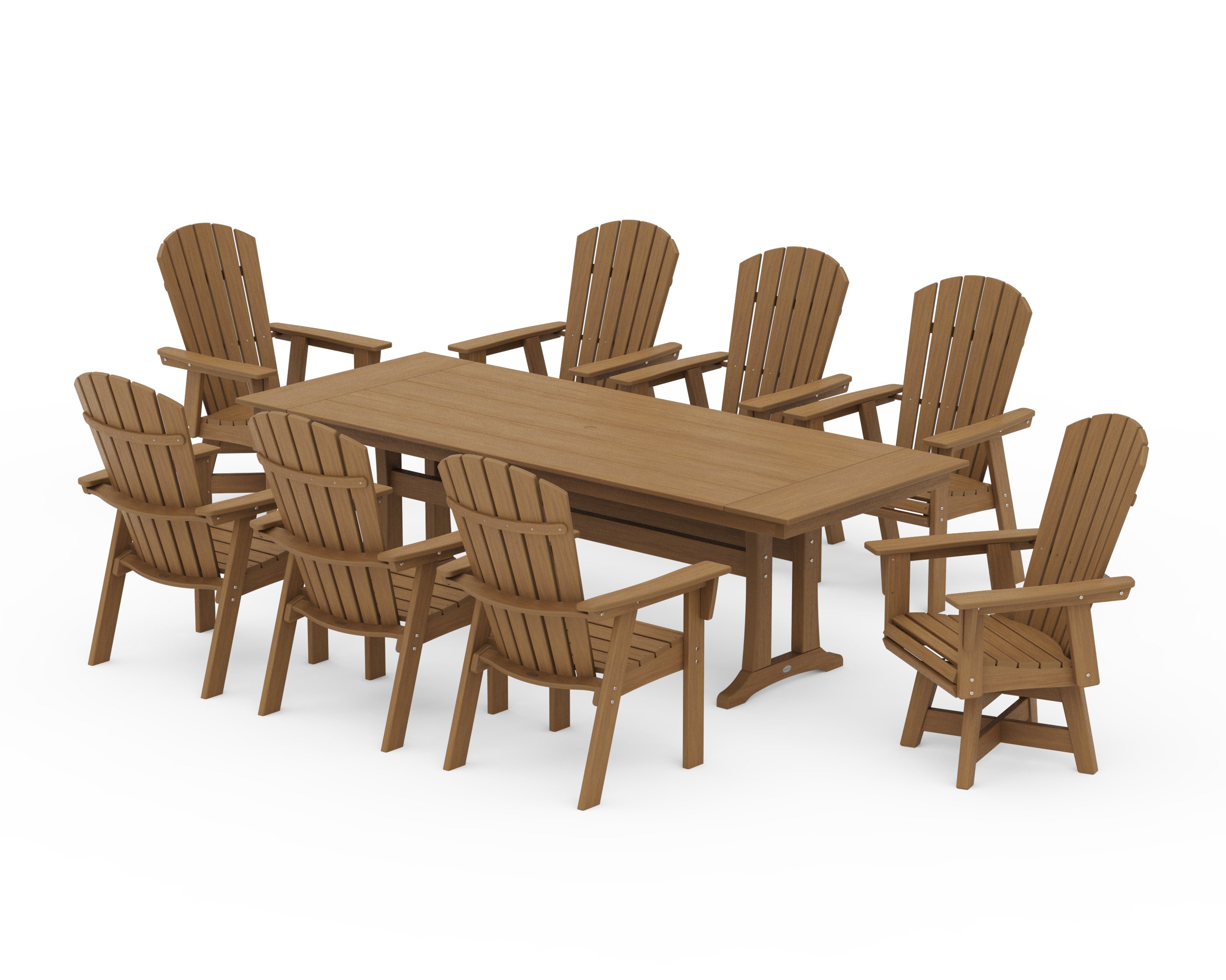 Nautical Curveback Adirondack Swivel 9-Piece Farmhouse Dining Set with Trestle Legs in Natural