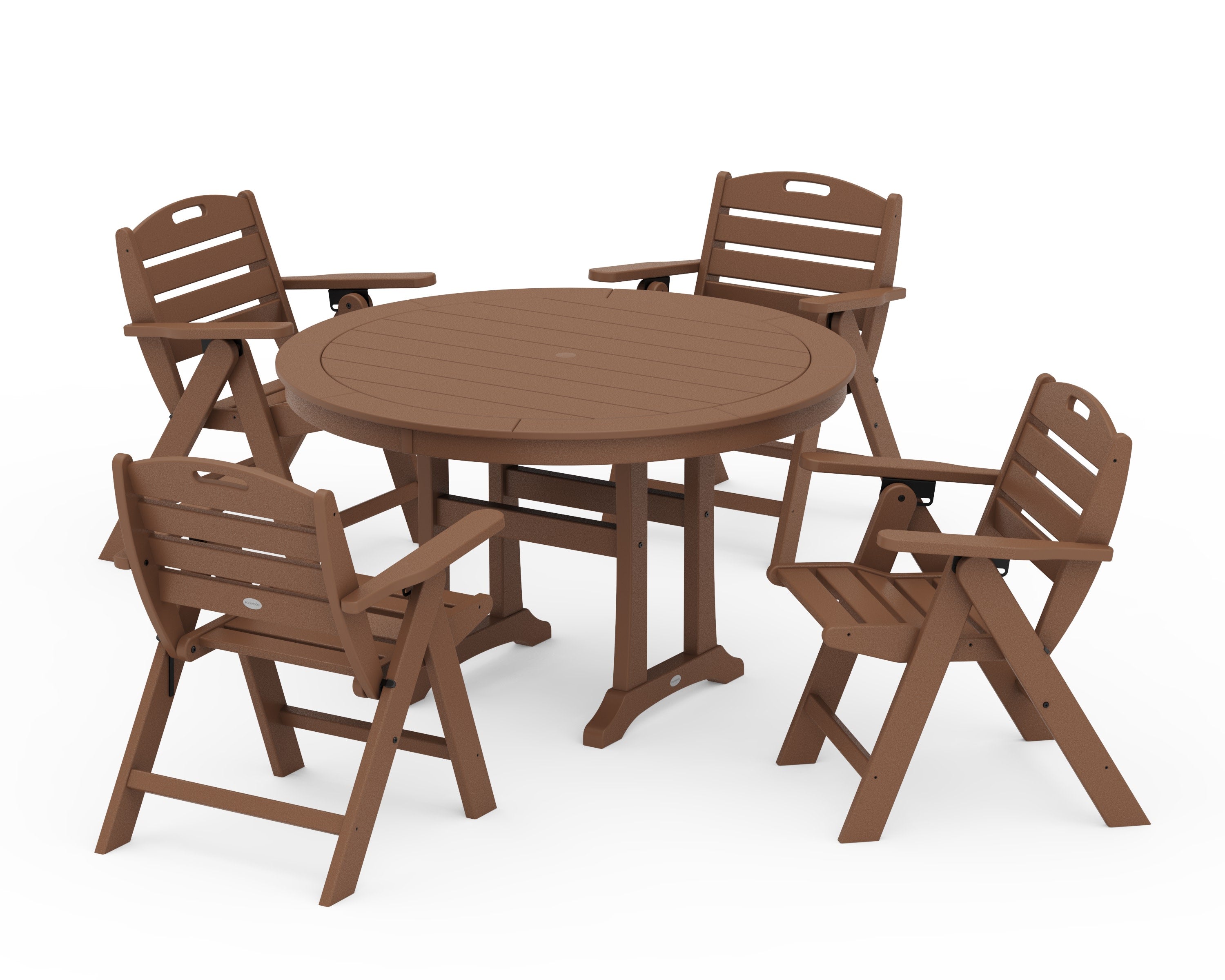 Nautical Folding Lowback Chair 5-Piece Round Dining Set With Trestle Legs in Teak