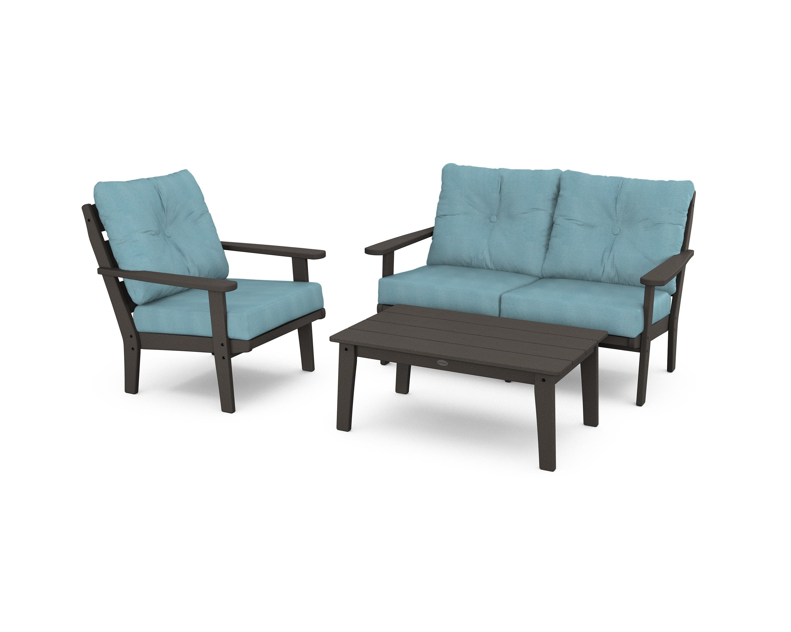Lakeside 3-Piece Deep Seating Set in Vintage Coffee / Lattice Sky Blue